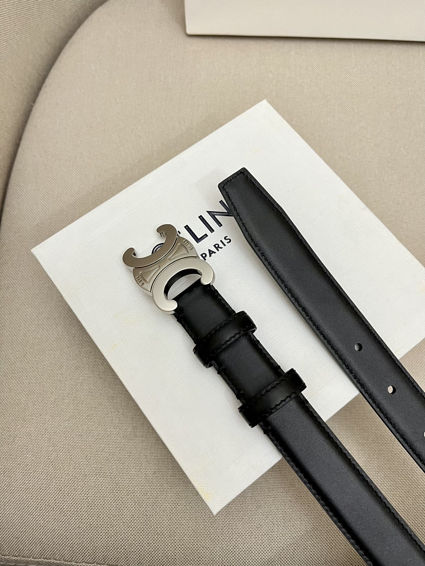 CELINE 25S TRIOMPHE 25MM BELT IN BLACK CALFSKIN SILVER HARDWARE - 26 - 28