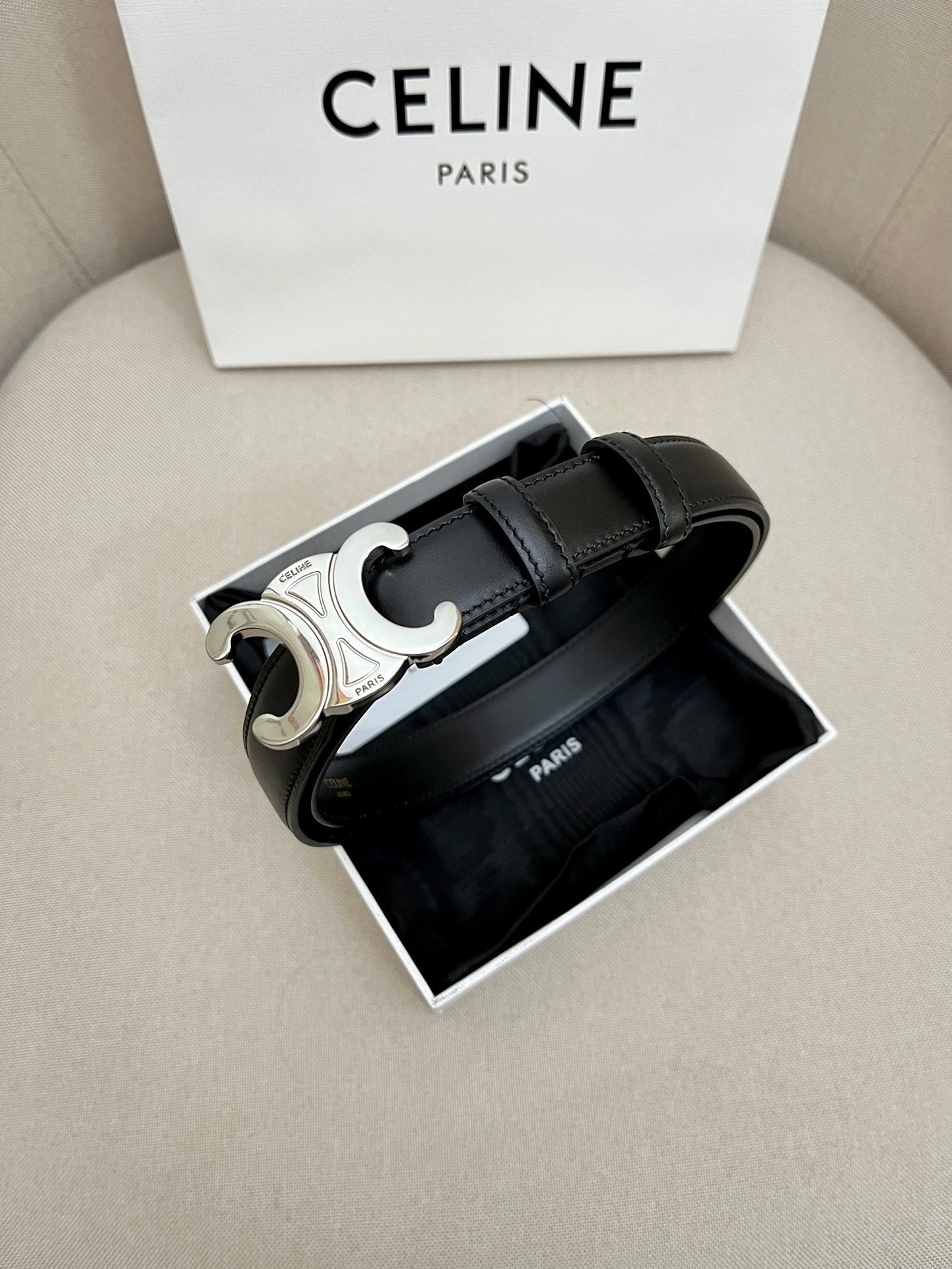 CELINE 25S TRIOMPHE 25MM BELT IN BLACK CALFSKIN SILVER HARDWARE - 26 - 28