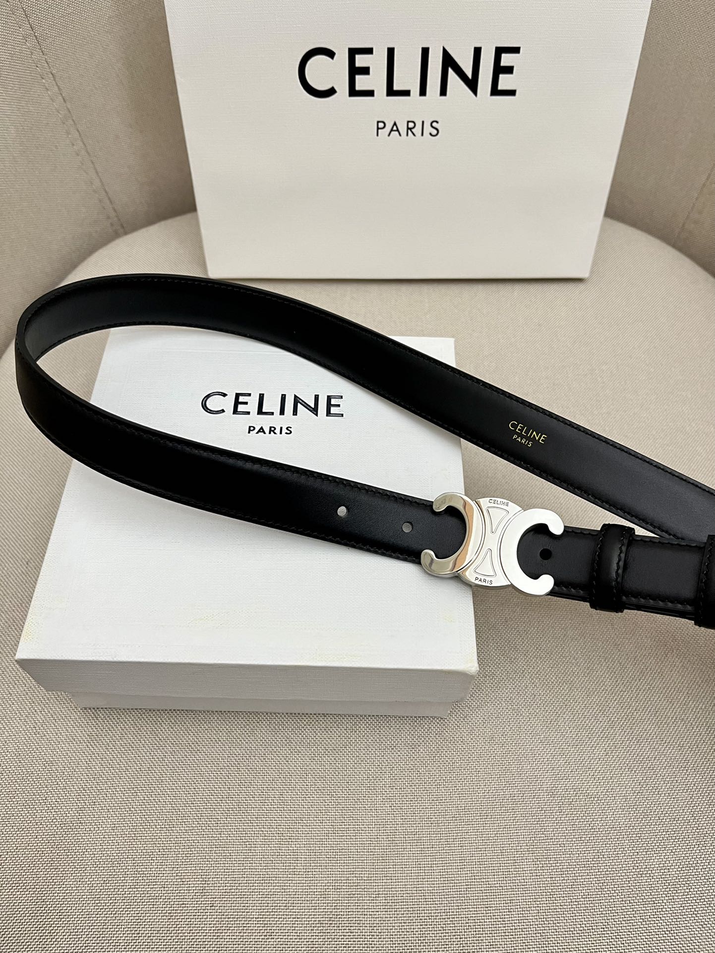 CELINE 25S TRIOMPHE 25MM BELT IN BLACK CALFSKIN SILVER HARDWARE - 26 - 28