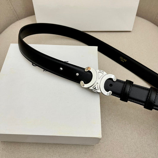 CELINE 25S TRIOMPHE 25MM BELT IN BLACK CALFSKIN SILVER HARDWARE - 26 - 28