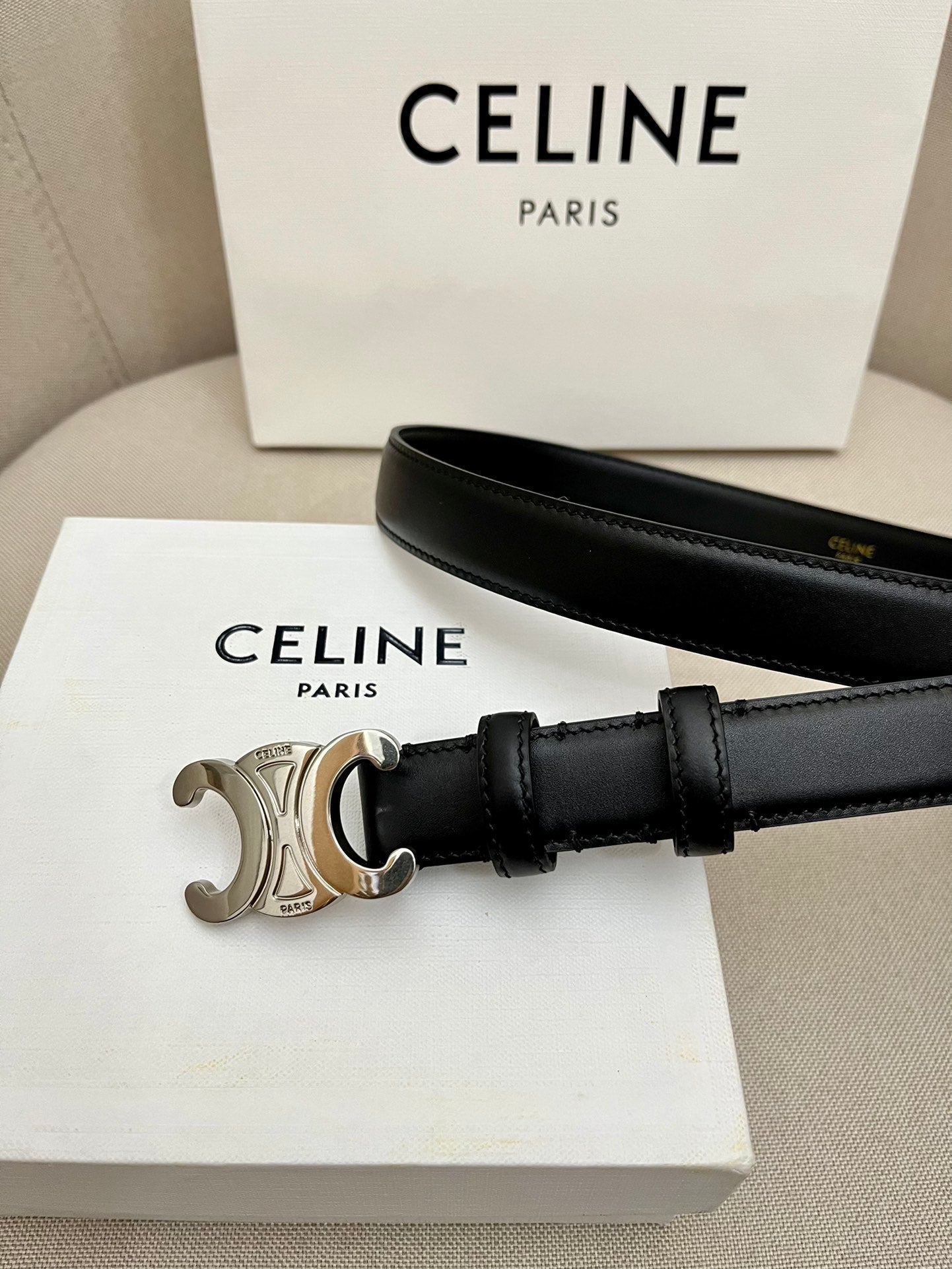 CELINE 25S TRIOMPHE 25MM BELT IN BLACK CALFSKIN SILVER HARDWARE - 26 - 28