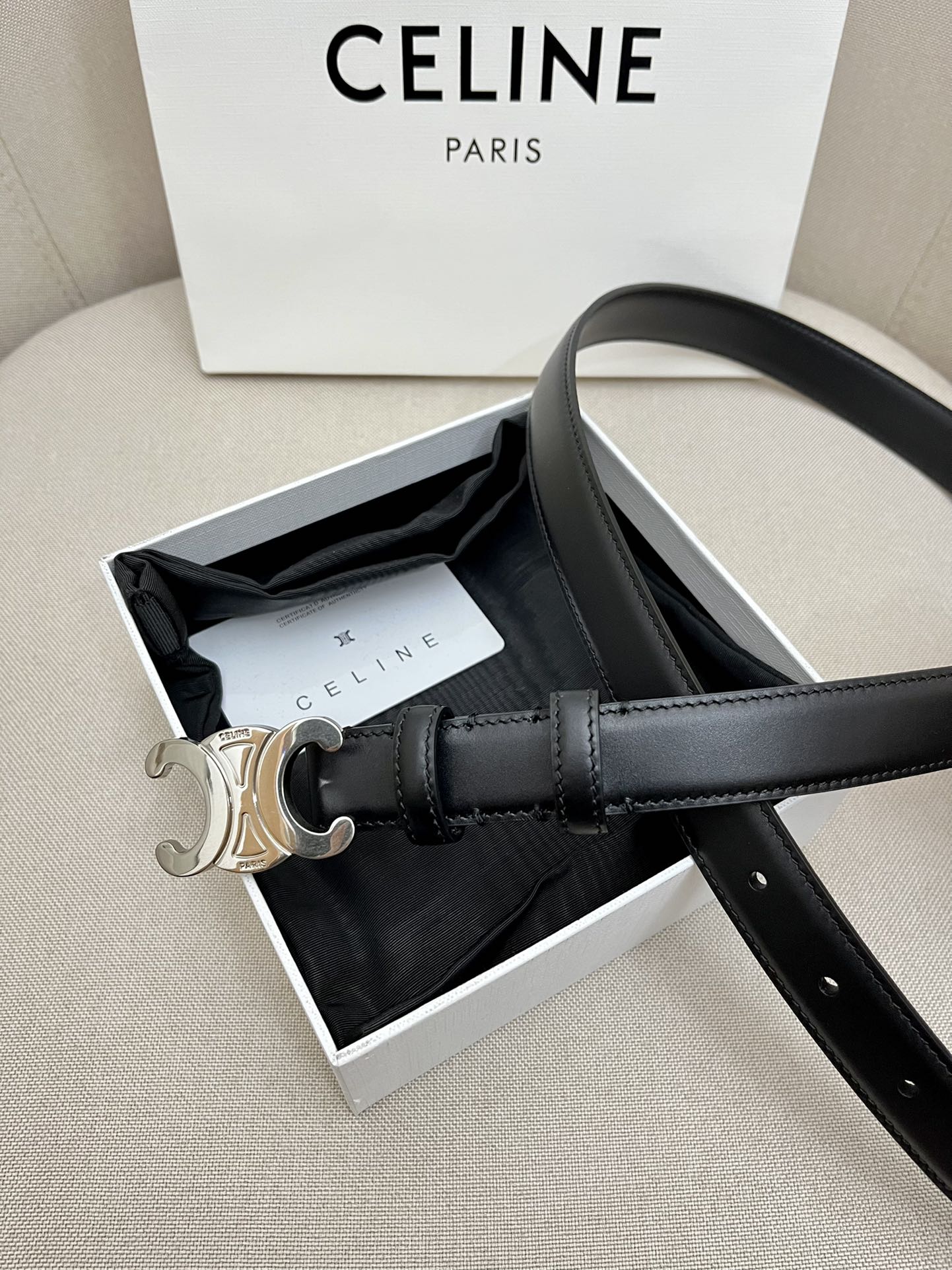 CELINE 25S TRIOMPHE 25MM BELT IN BLACK CALFSKIN SILVER HARDWARE - 26 - 28