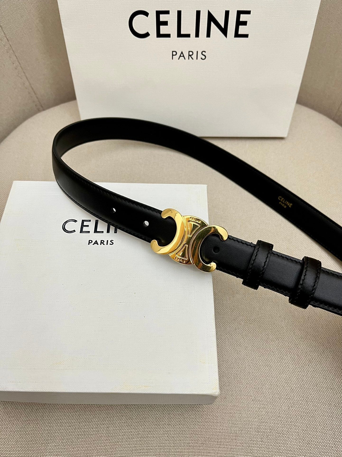 CELINE 25S TRIOMPHE 25MM BELT IN BLACK CALFSKIN GLOD HARDWARE - 26 - 28