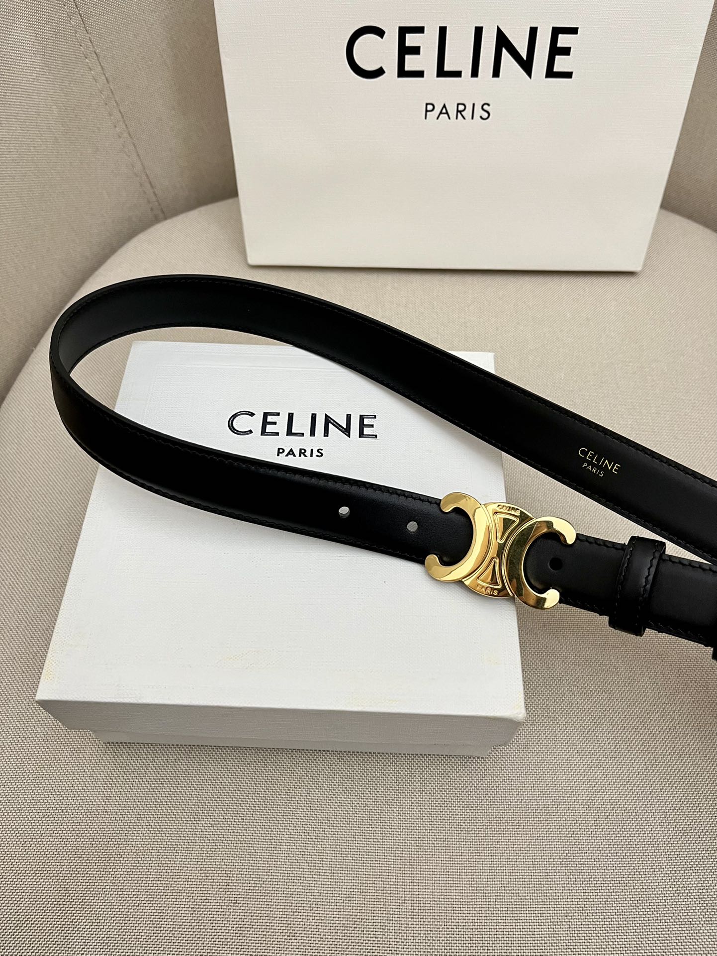 CELINE 25S TRIOMPHE 25MM BELT IN BLACK CALFSKIN GLOD HARDWARE - 26 - 28