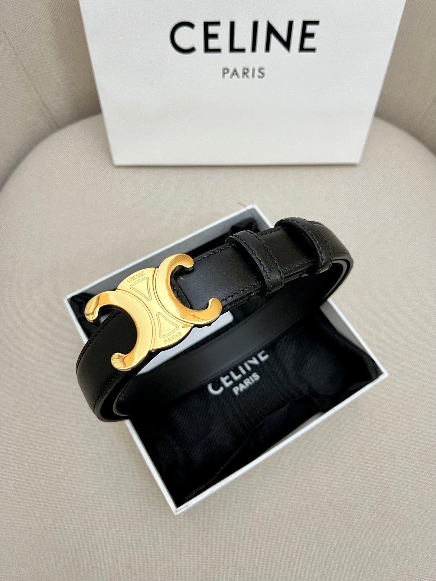 CELINE 25S TRIOMPHE 25MM BELT IN BLACK CALFSKIN GLOD HARDWARE - 26 - 28