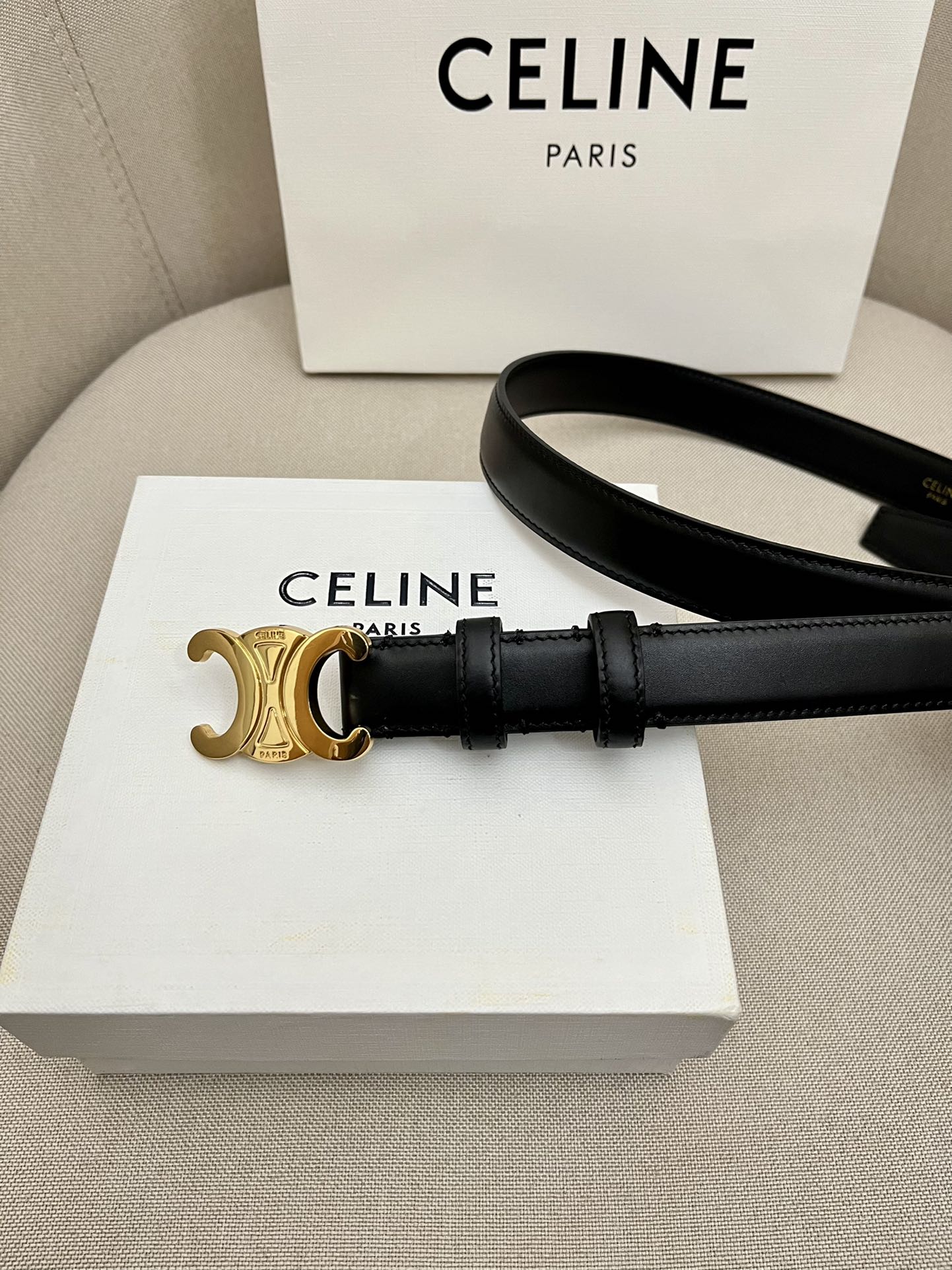 CELINE 25S TRIOMPHE 25MM BELT IN BLACK CALFSKIN GLOD HARDWARE - 26 - 28