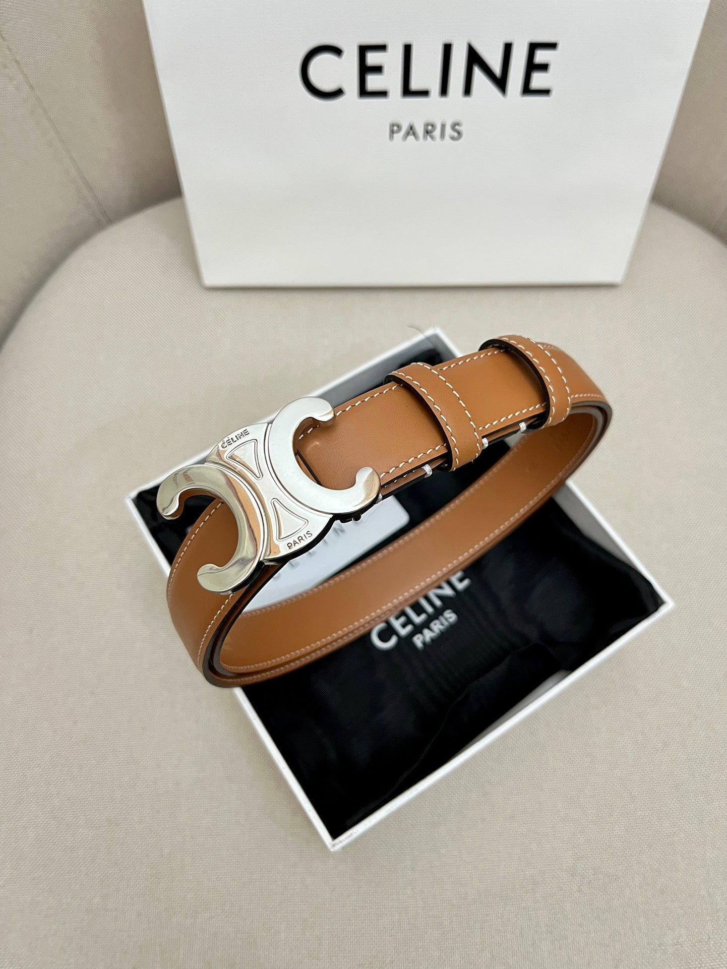 CELINE 25S TRIOMPHE 25MM BELT IN CARAMEL CALFSKIN SILVER HARDWARE - 26 - 28