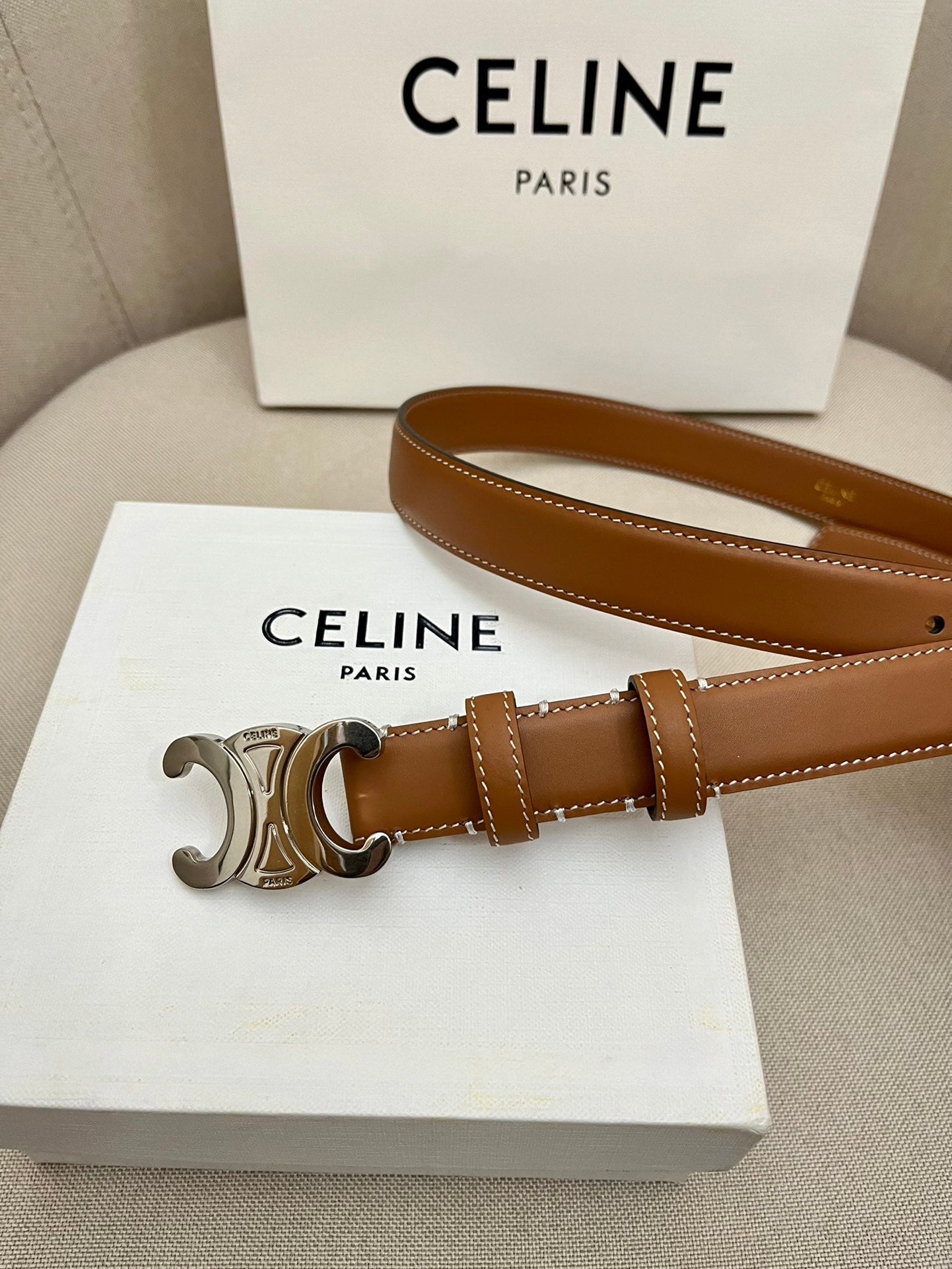 CELINE 25S TRIOMPHE 25MM BELT IN CARAMEL CALFSKIN SILVER HARDWARE - 26 - 28