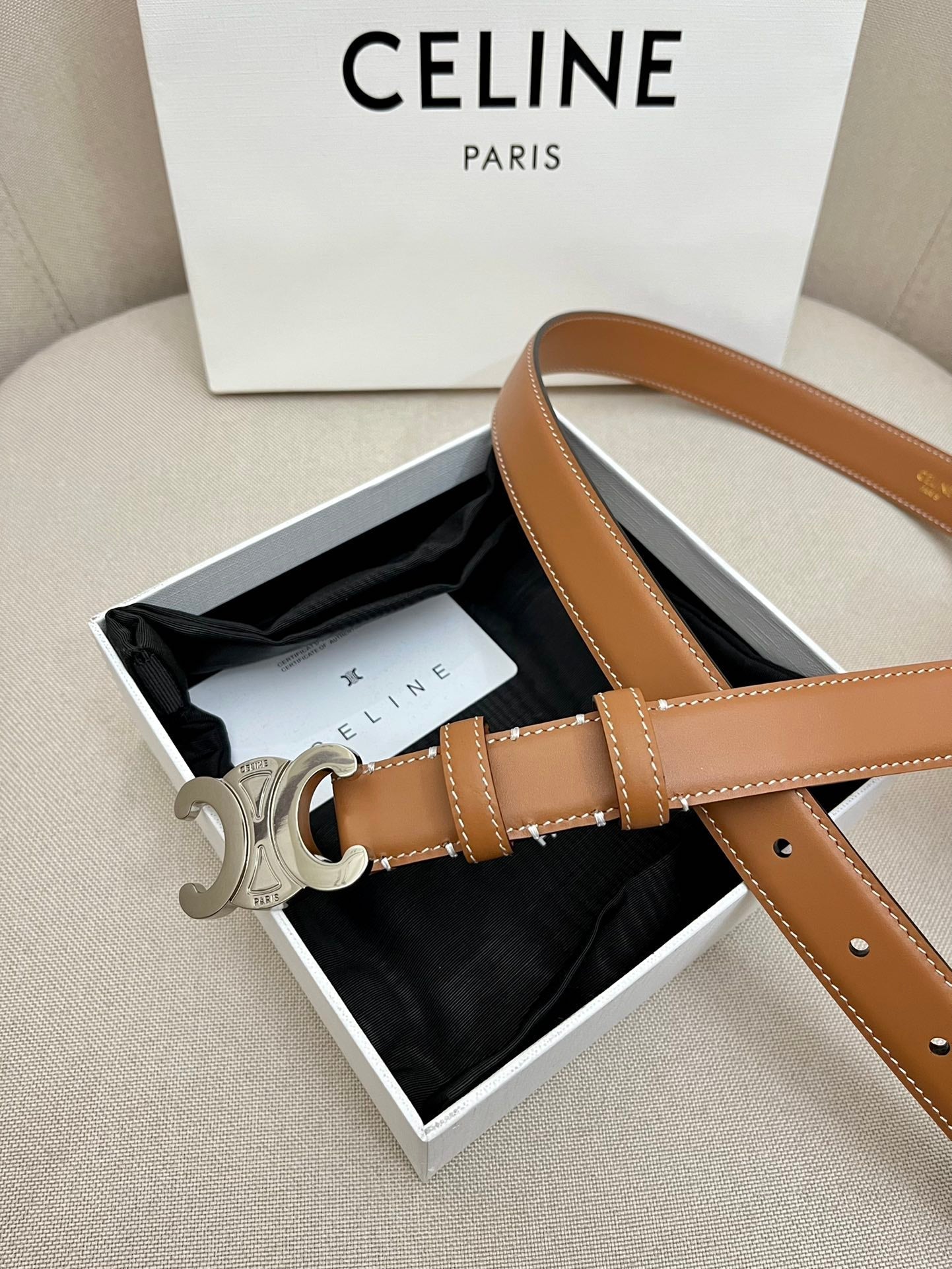 CELINE 25S TRIOMPHE 25MM BELT IN CARAMEL CALFSKIN SILVER HARDWARE - 26 - 28