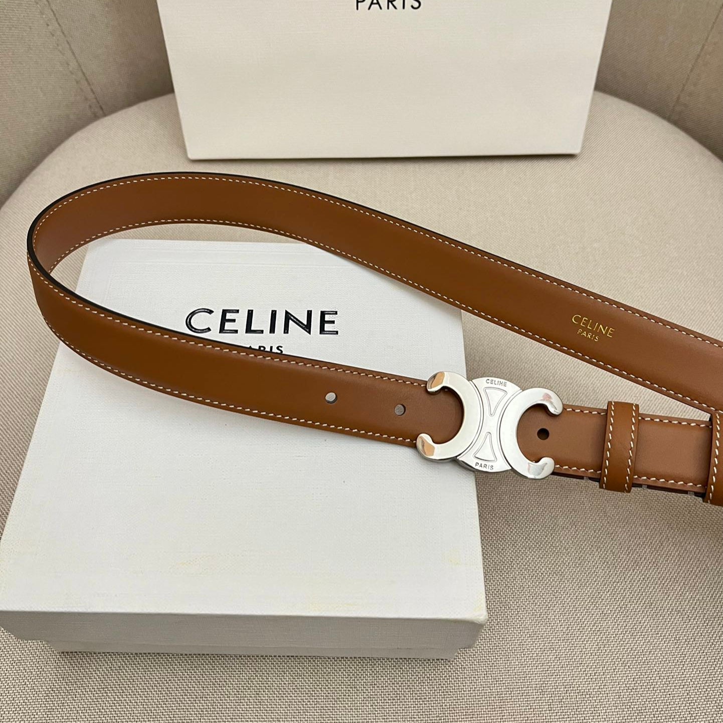 CELINE 25S TRIOMPHE 25MM BELT IN CARAMEL CALFSKIN SILVER HARDWARE - 26 - 28