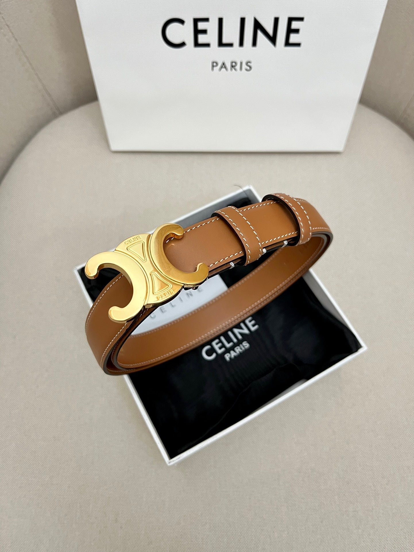 CELINE 25S TRIOMPHE 25MM BELT IN CARAMEL CALFSKIN GLOD HARDWARE - 26 - 28