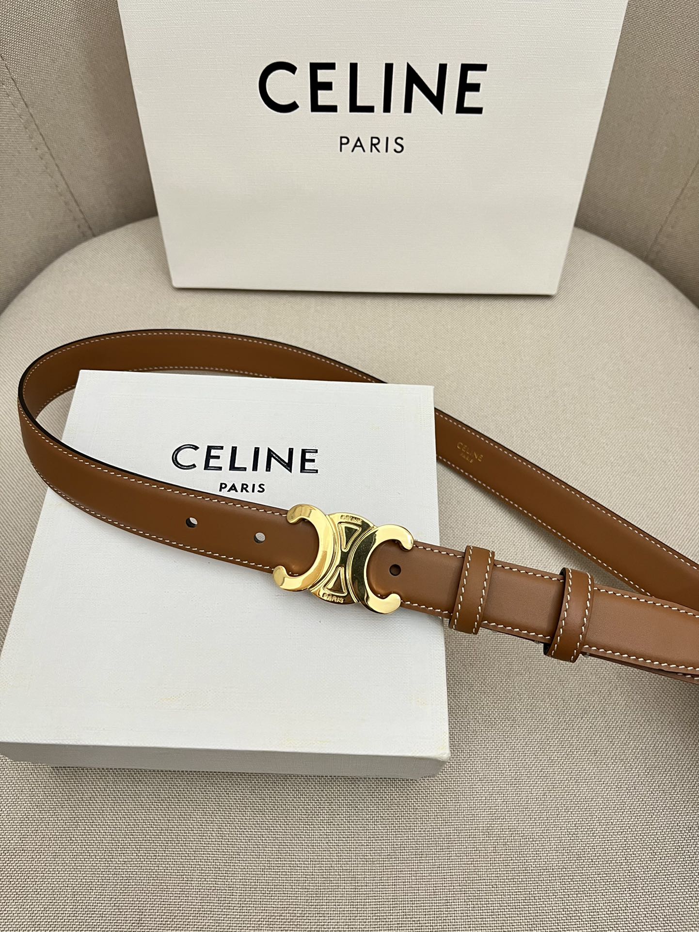 CELINE 25S TRIOMPHE 25MM BELT IN CARAMEL CALFSKIN GLOD HARDWARE - 26 - 28