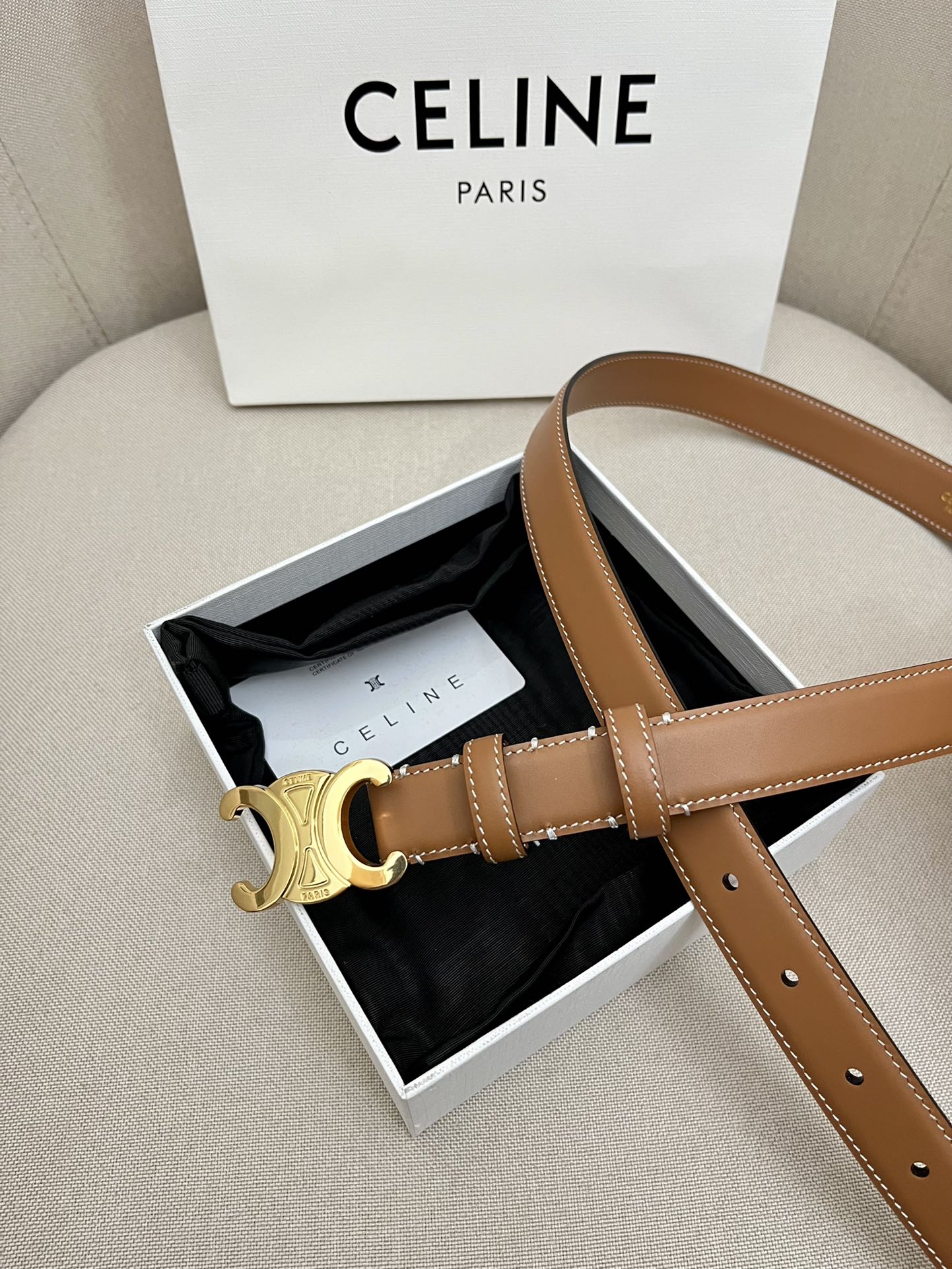 CELINE 25S TRIOMPHE 25MM BELT IN CARAMEL CALFSKIN GLOD HARDWARE - 26 - 28