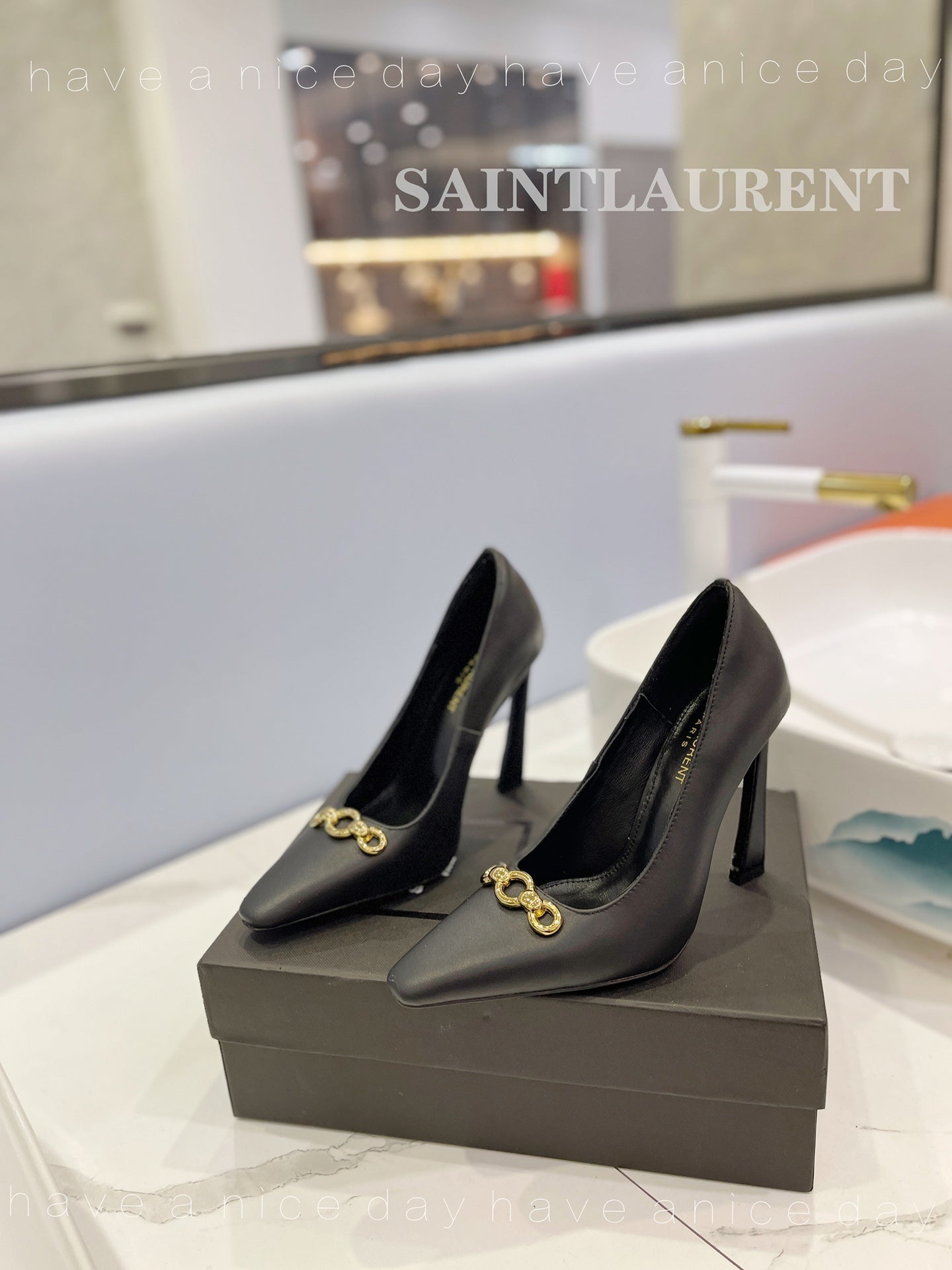 SL SILVANA CHAIN PUMPS BLACK CALFSKIN - 34