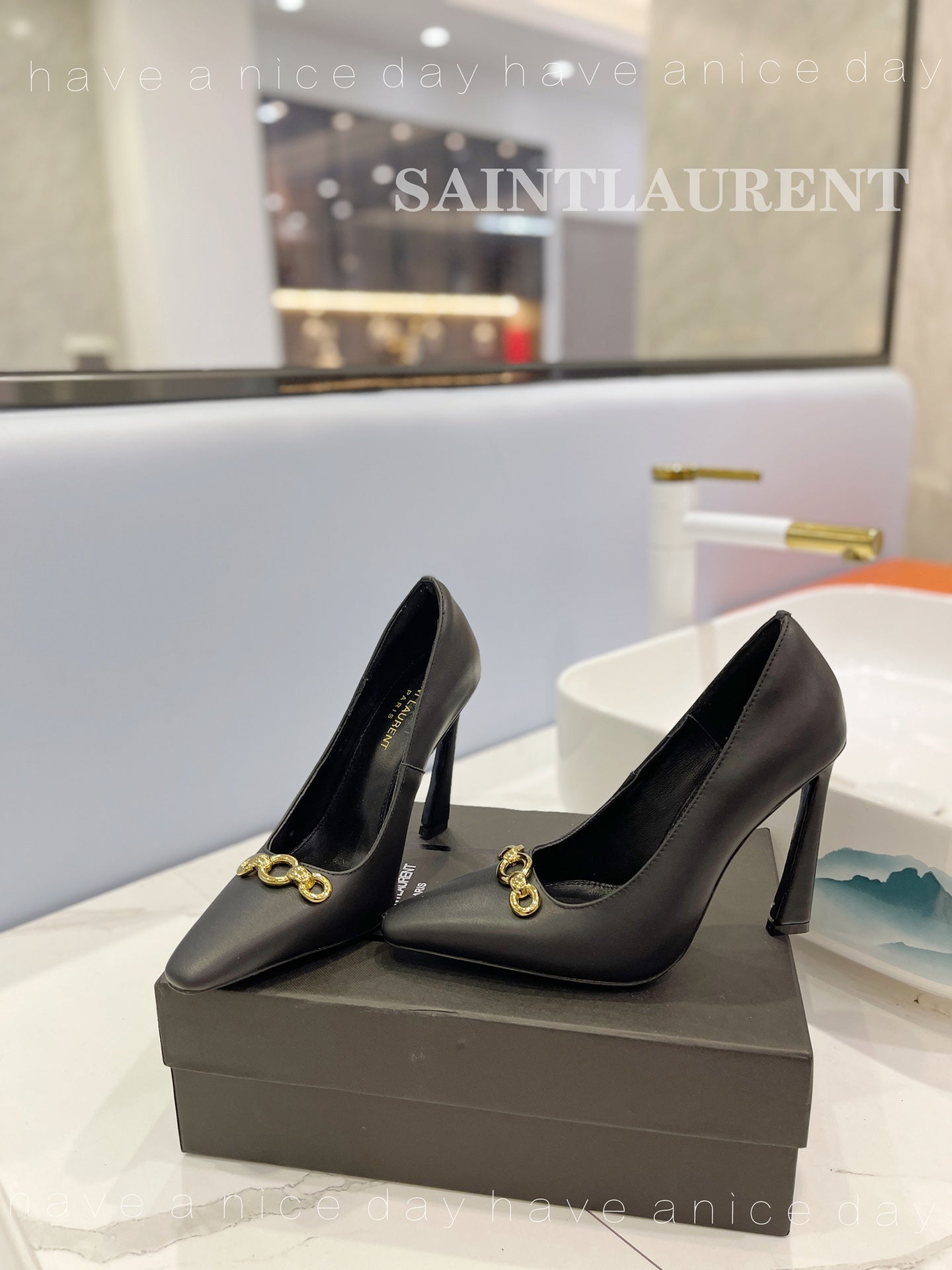 SL SILVANA CHAIN PUMPS BLACK CALFSKIN - 34