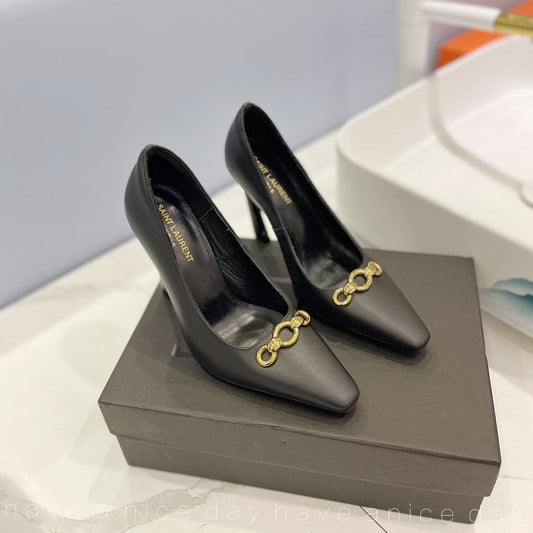 SL SILVANA CHAIN PUMPS BLACK CALFSKIN - 34
