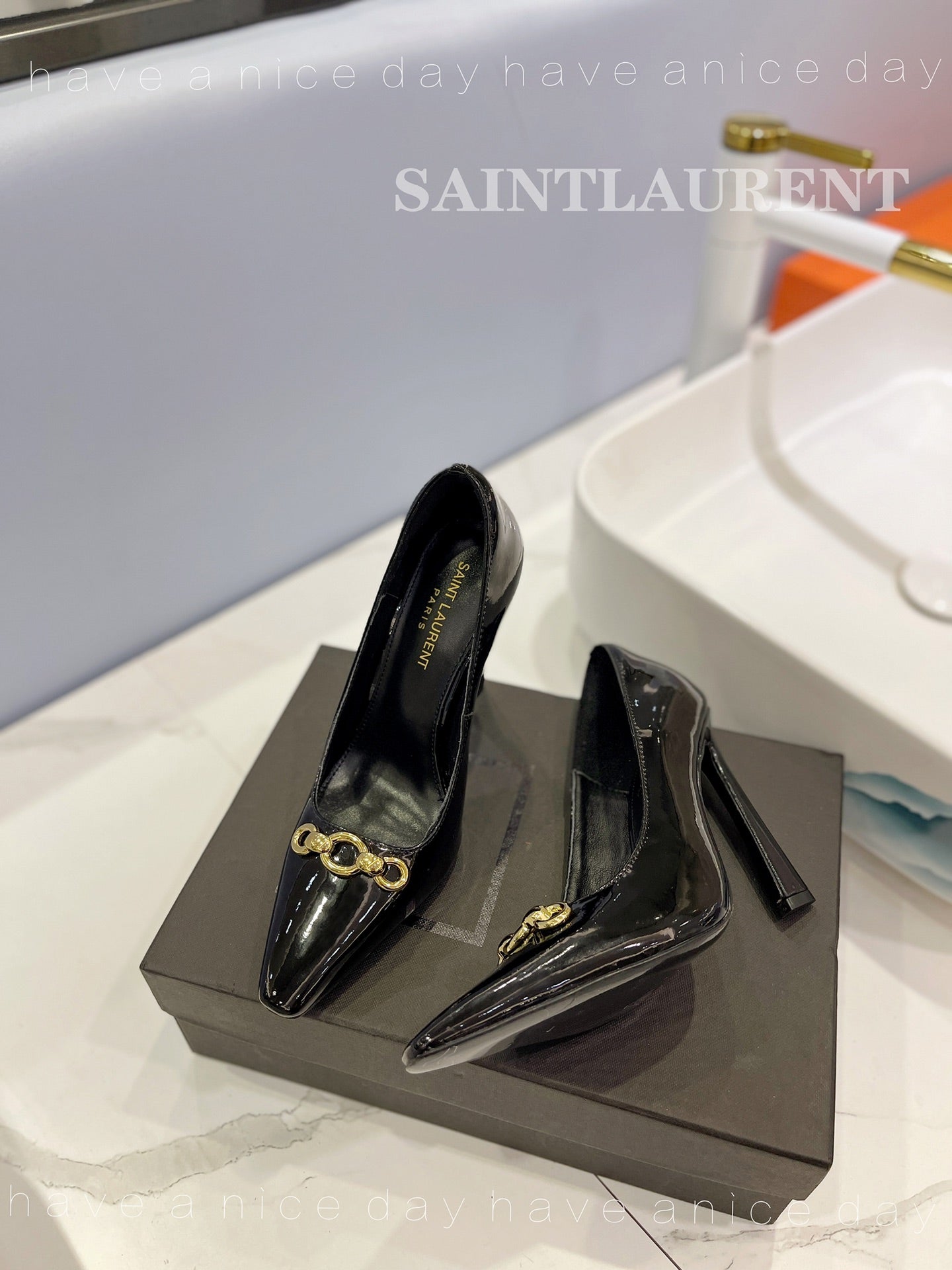 SL SILVANA CHAIN PUMPS GLOSSY BLACK CALFSKIN - 34