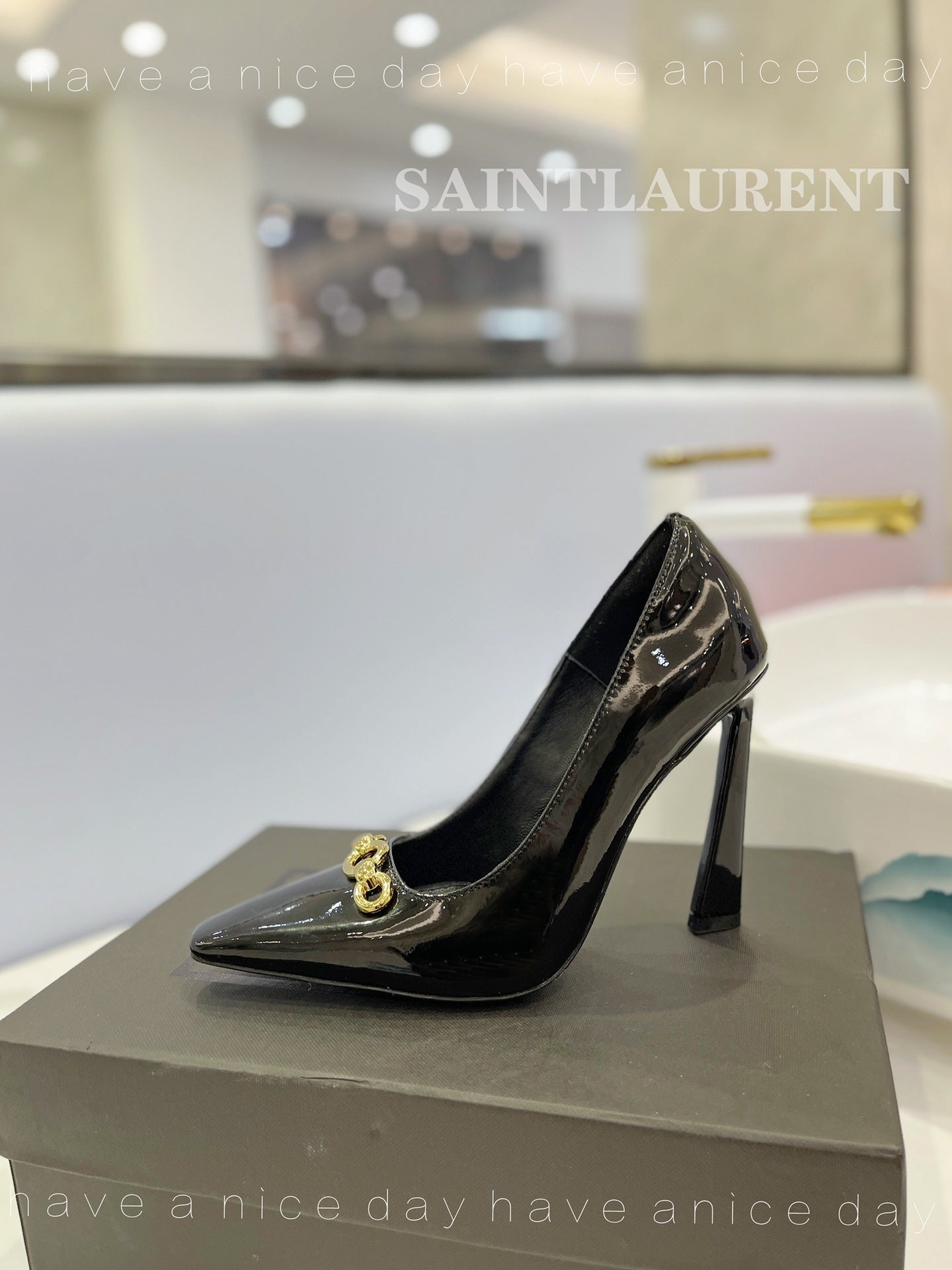 SL SILVANA CHAIN PUMPS GLOSSY BLACK CALFSKIN - 34