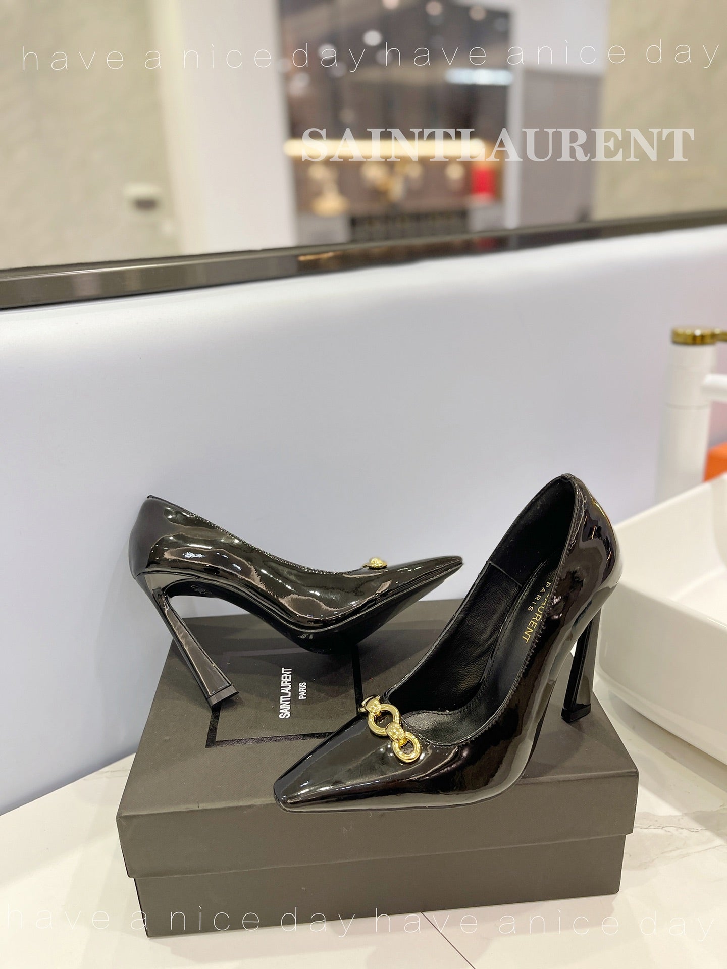 SL SILVANA CHAIN PUMPS GLOSSY BLACK CALFSKIN - 34