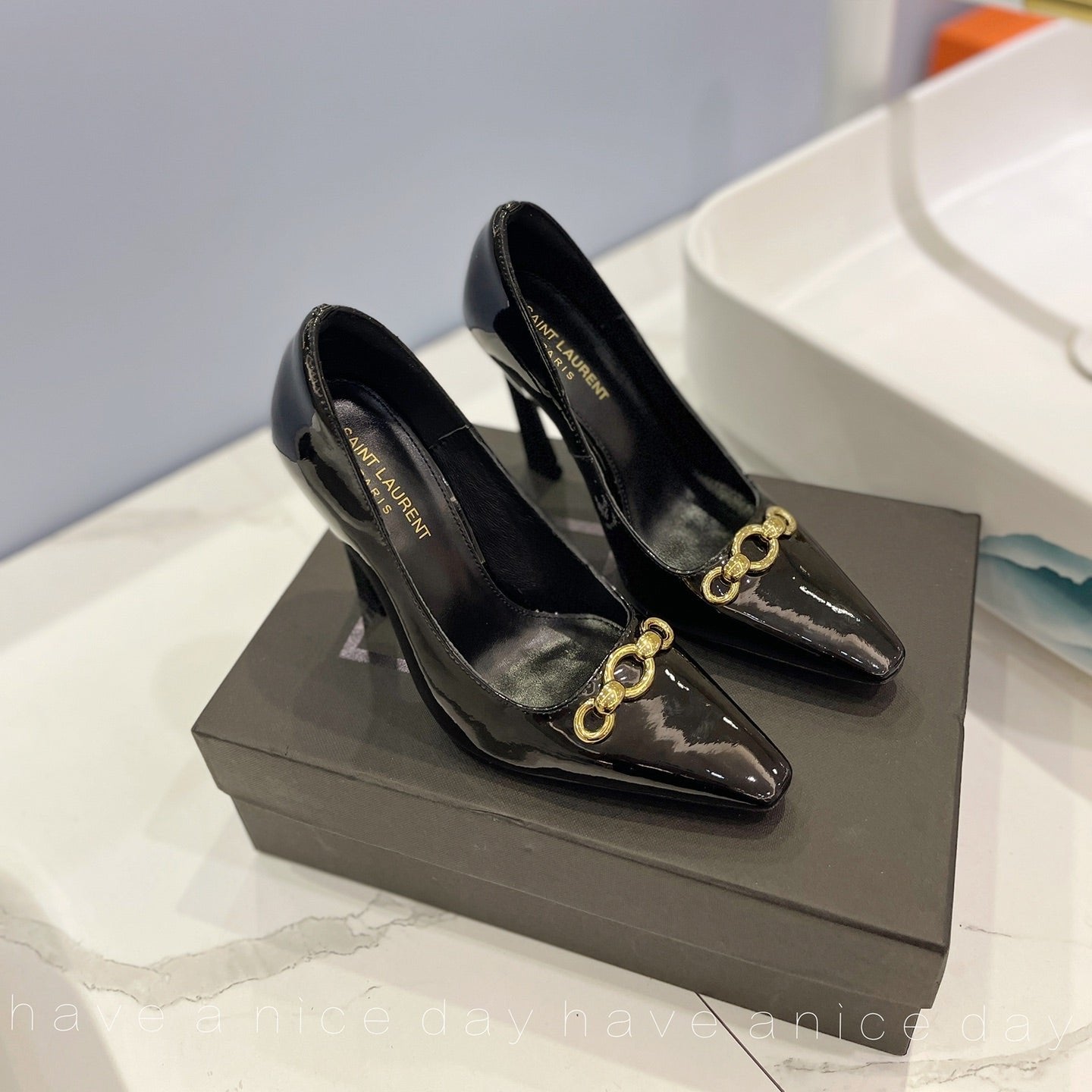 SL SILVANA CHAIN PUMPS GLOSSY BLACK CALFSKIN - 34