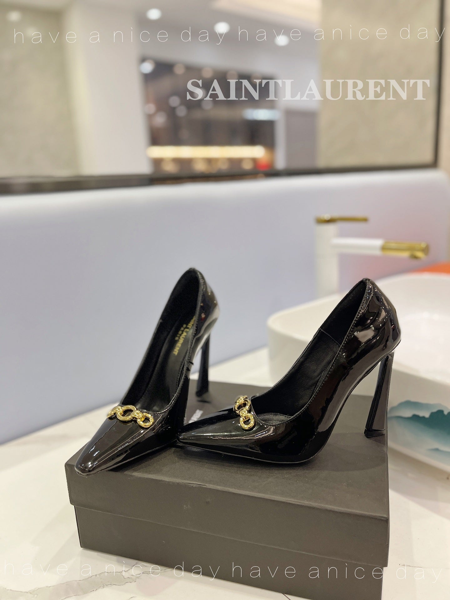 SL SILVANA CHAIN PUMPS GLOSSY BLACK CALFSKIN - 34