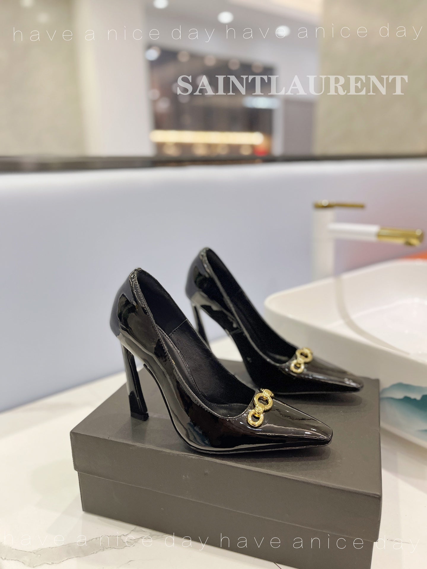 SL SILVANA CHAIN PUMPS GLOSSY BLACK CALFSKIN - 34