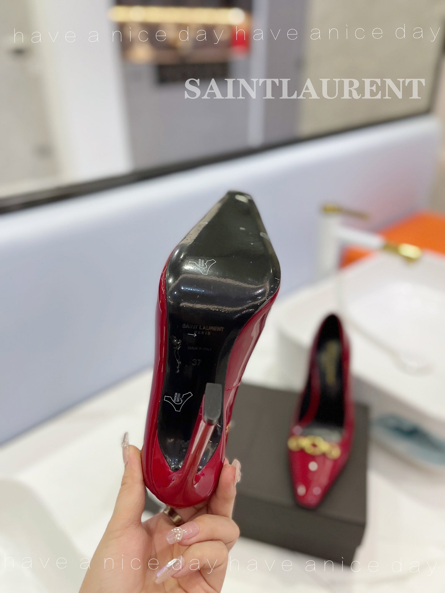 SL SILVANA CHAIN PUMPS GLOSSY RED CALFSKIN - 34
