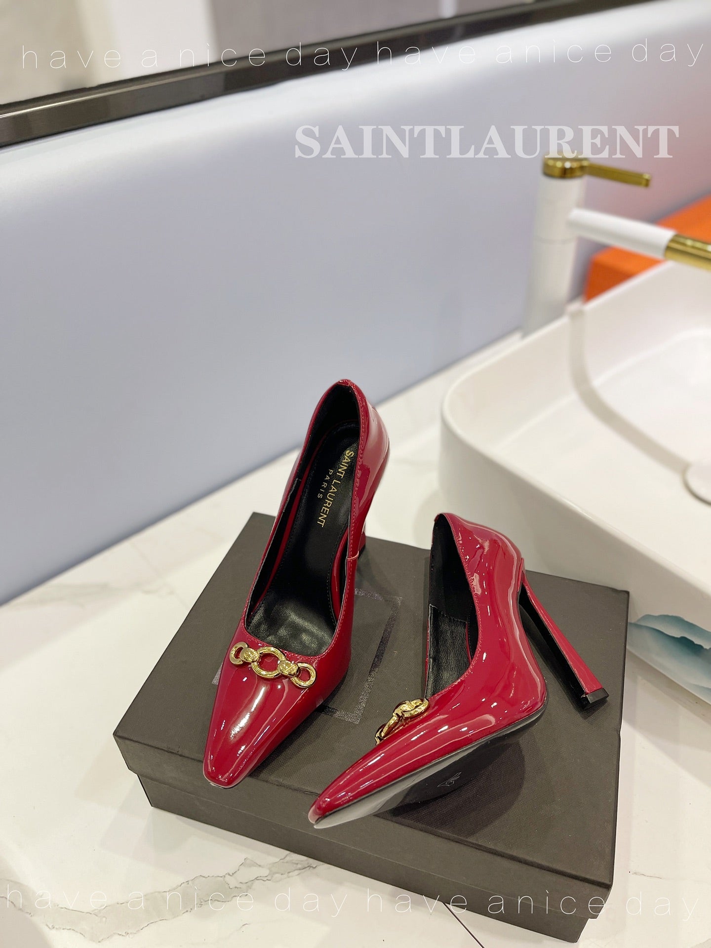 SL SILVANA CHAIN PUMPS GLOSSY RED CALFSKIN - 34