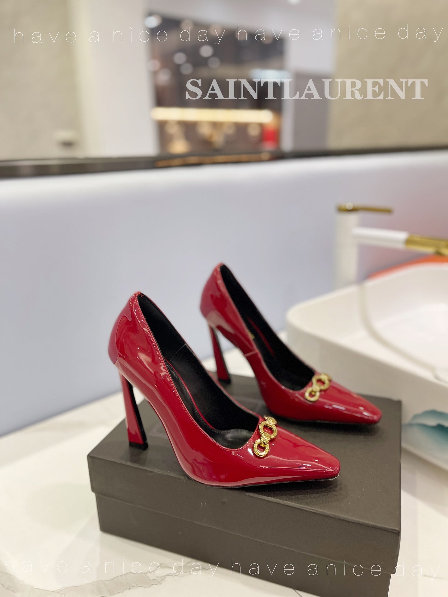 SL SILVANA CHAIN PUMPS GLOSSY RED CALFSKIN - 34