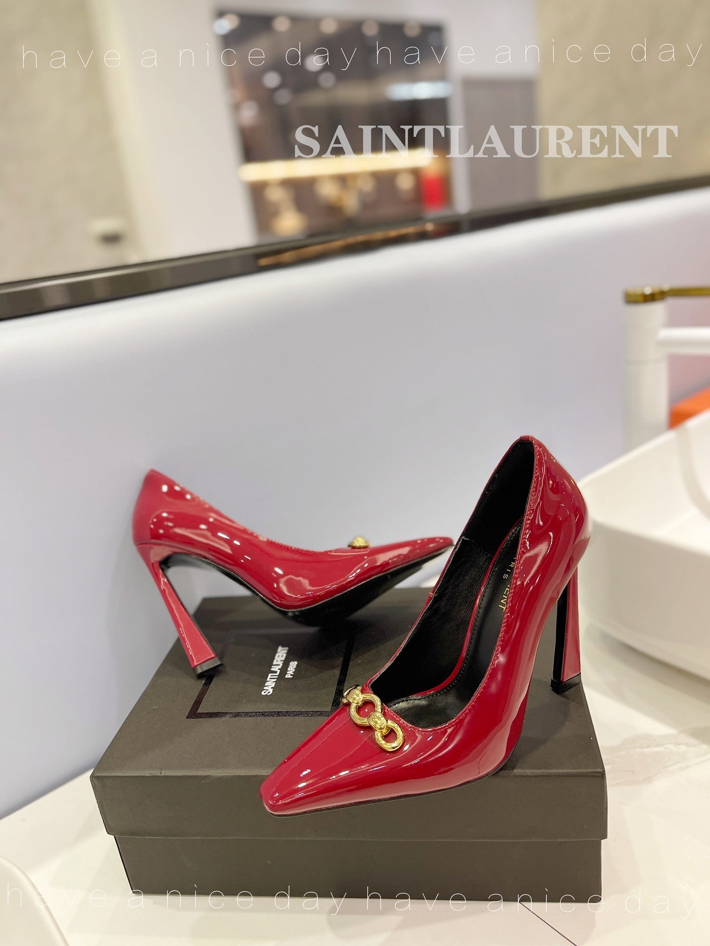 SL SILVANA CHAIN PUMPS GLOSSY RED CALFSKIN - 34