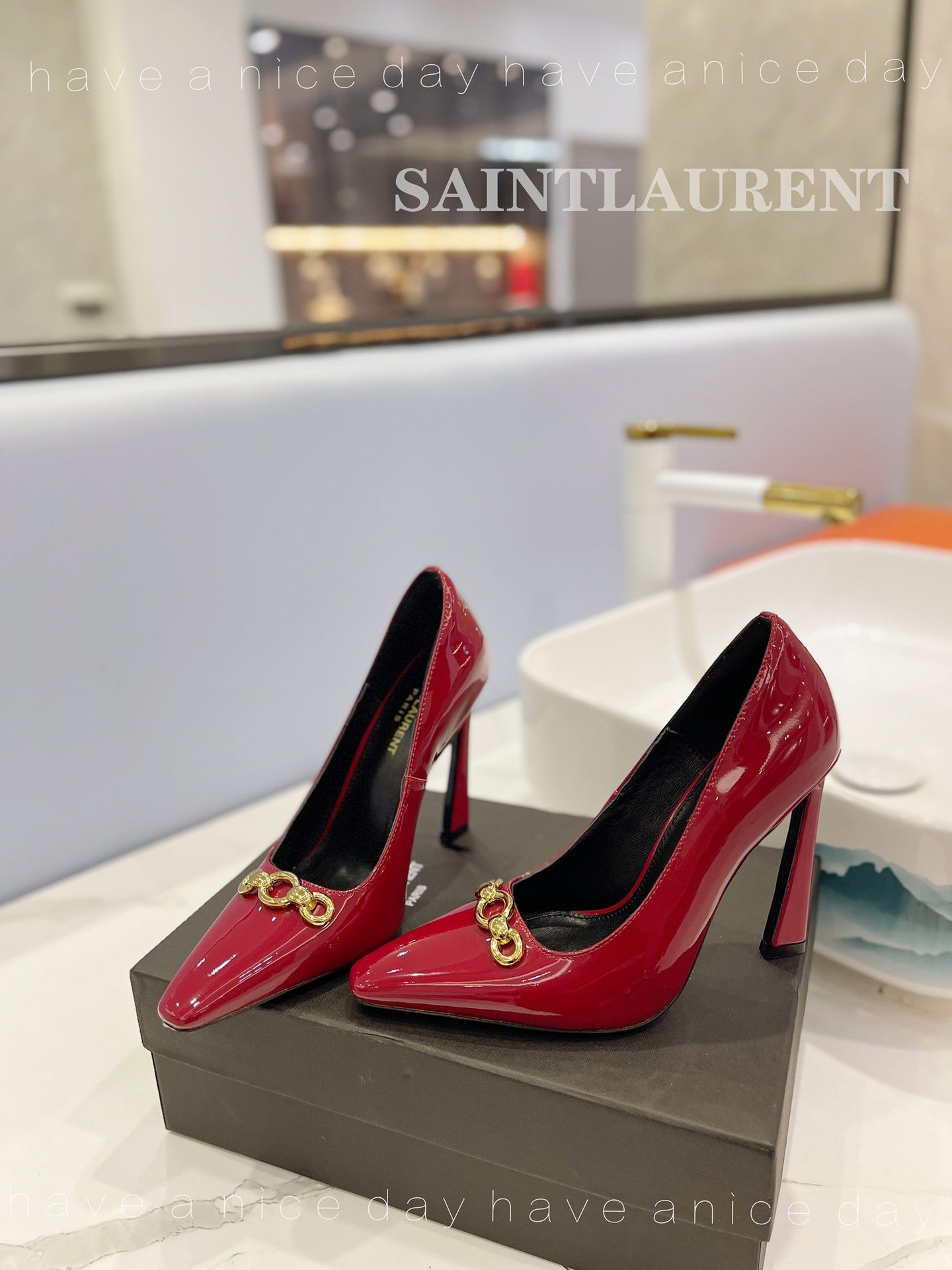 SL SILVANA CHAIN PUMPS GLOSSY RED CALFSKIN - 34