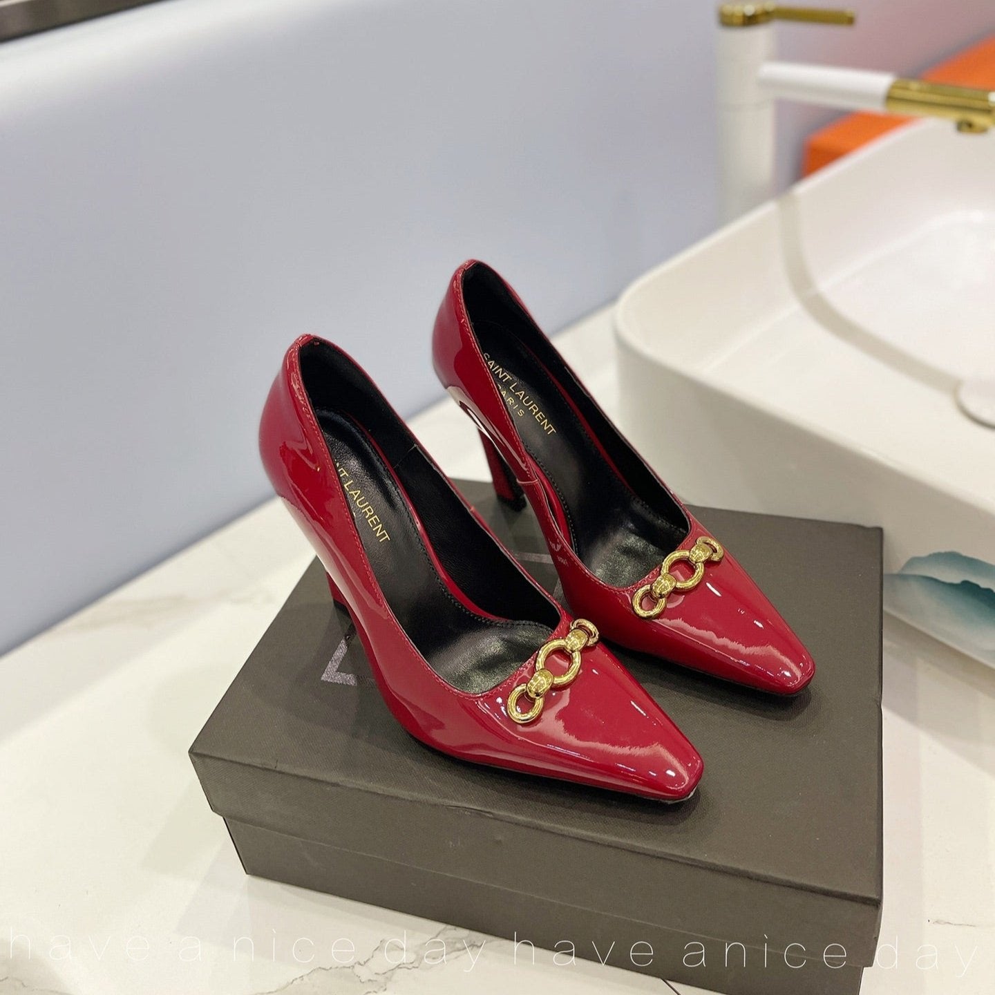 SL SILVANA CHAIN PUMPS GLOSSY RED CALFSKIN - 34