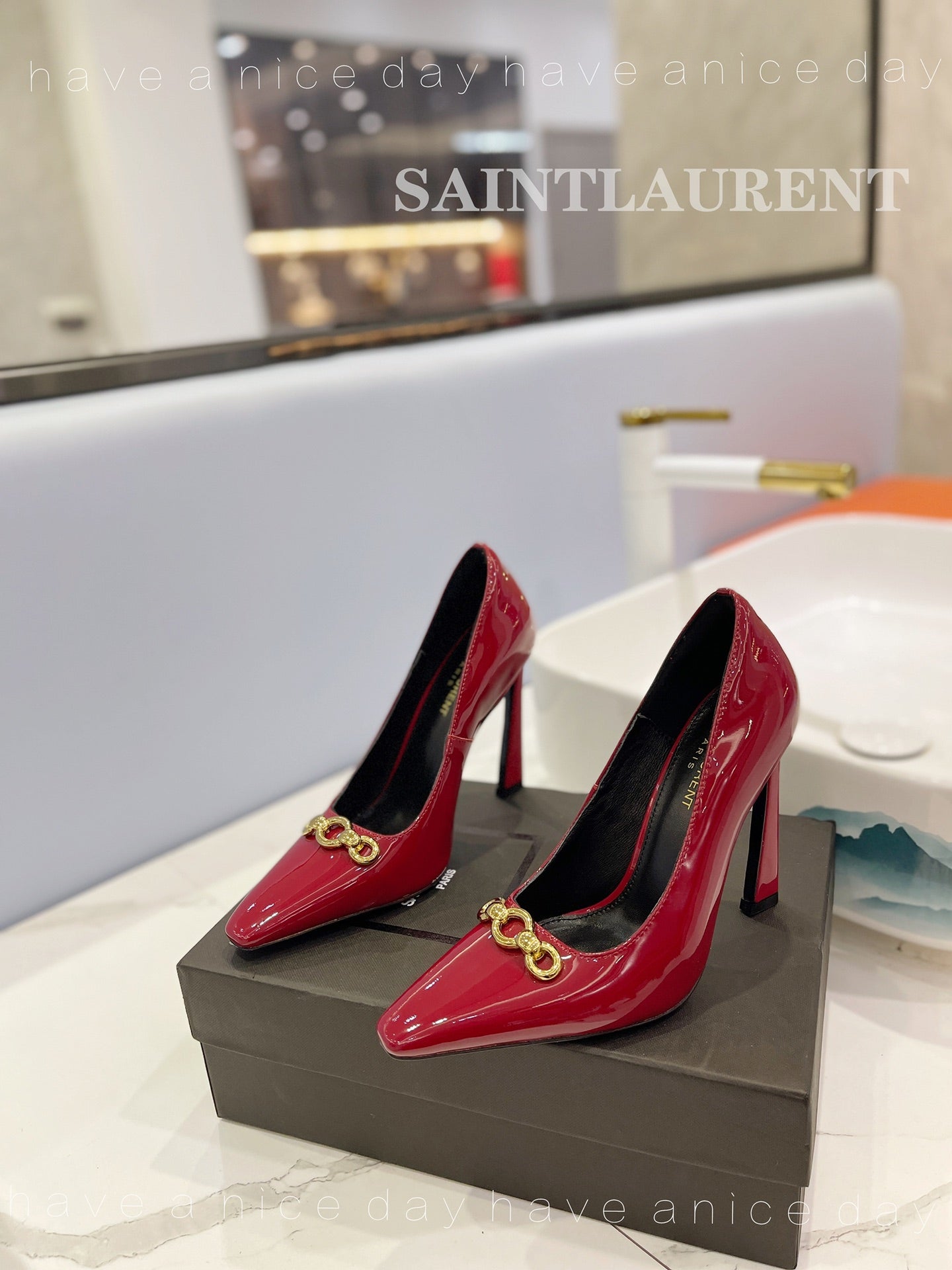 SL SILVANA CHAIN PUMPS GLOSSY RED CALFSKIN - 34