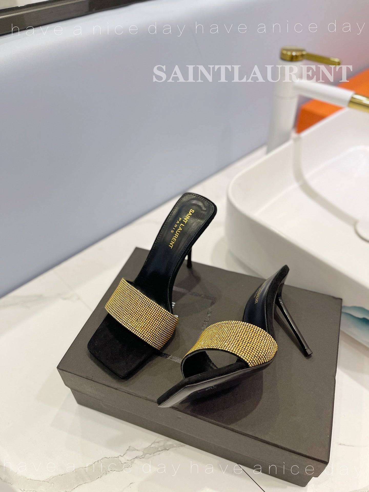 SL LUCKY GOLD CRYSTAL HIGH HEELS BLACK CALFSKIN - 34