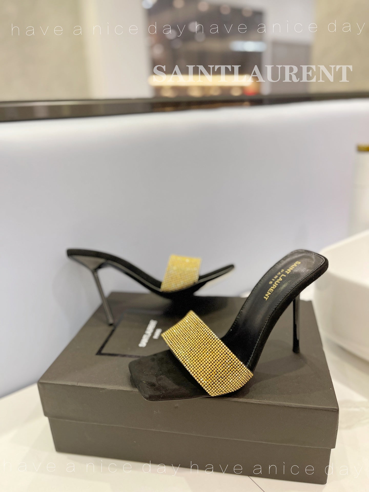 SL LUCKY GOLD CRYSTAL HIGH HEELS BLACK CALFSKIN - 34