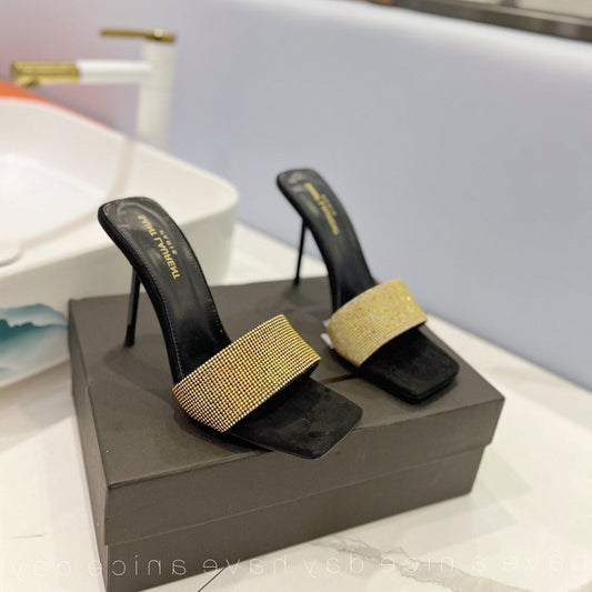 SL LUCKY GOLD CRYSTAL HIGH HEELS BLACK CALFSKIN - 34