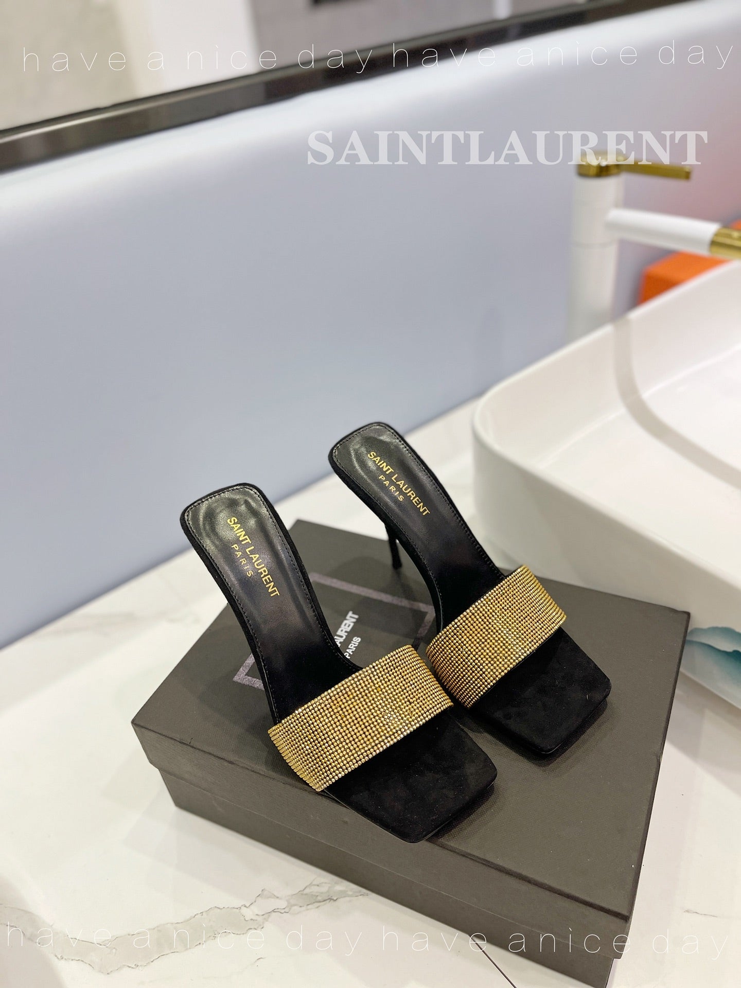 SL LUCKY GOLD CRYSTAL HIGH HEELS BLACK CALFSKIN - 34