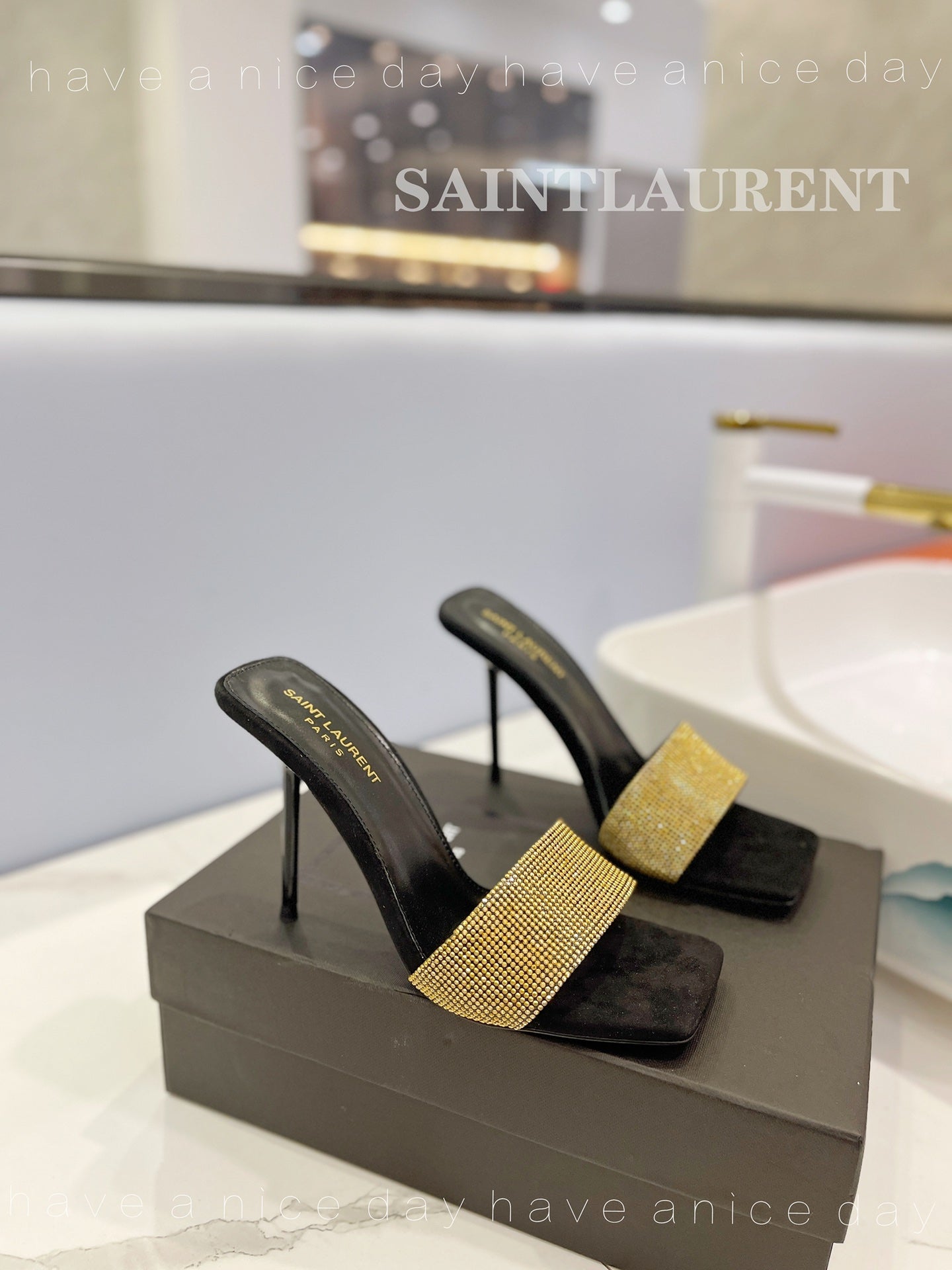 SL LUCKY GOLD CRYSTAL HIGH HEELS BLACK CALFSKIN - 34