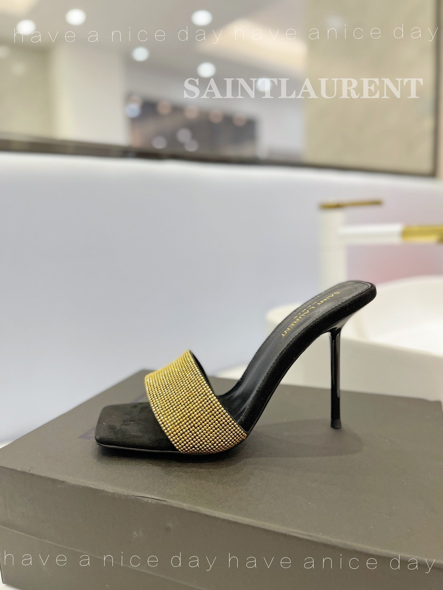 SL LUCKY GOLD CRYSTAL HIGH HEELS BLACK CALFSKIN - 34