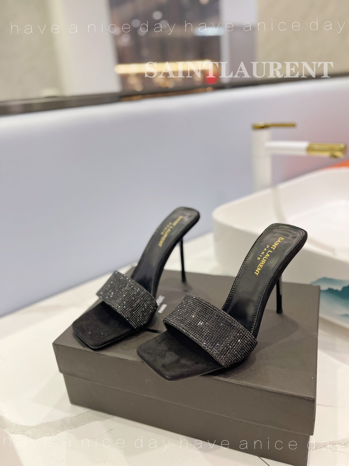 SL LUCKY BLACK CRYSTAL HIGH HEELS BLACK CALFSKIN - 34