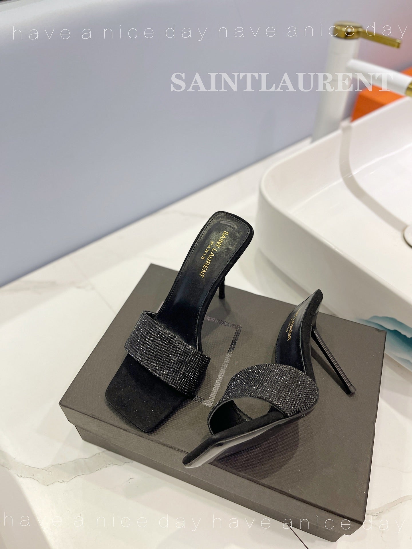 SL LUCKY BLACK CRYSTAL HIGH HEELS BLACK CALFSKIN - 34