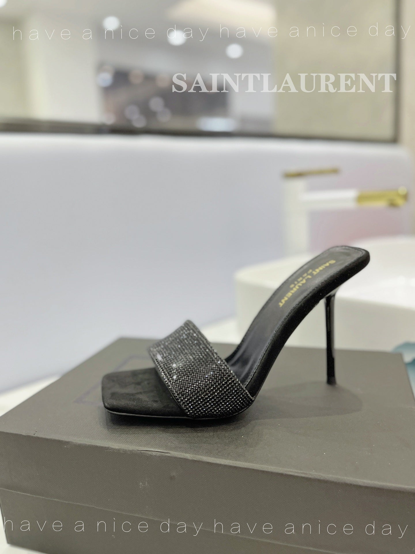 SL LUCKY BLACK CRYSTAL HIGH HEELS BLACK CALFSKIN - 34