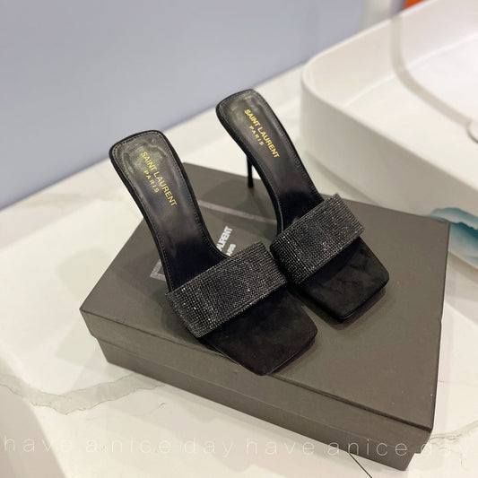 SL LUCKY BLACK CRYSTAL HIGH HEELS BLACK CALFSKIN - 34