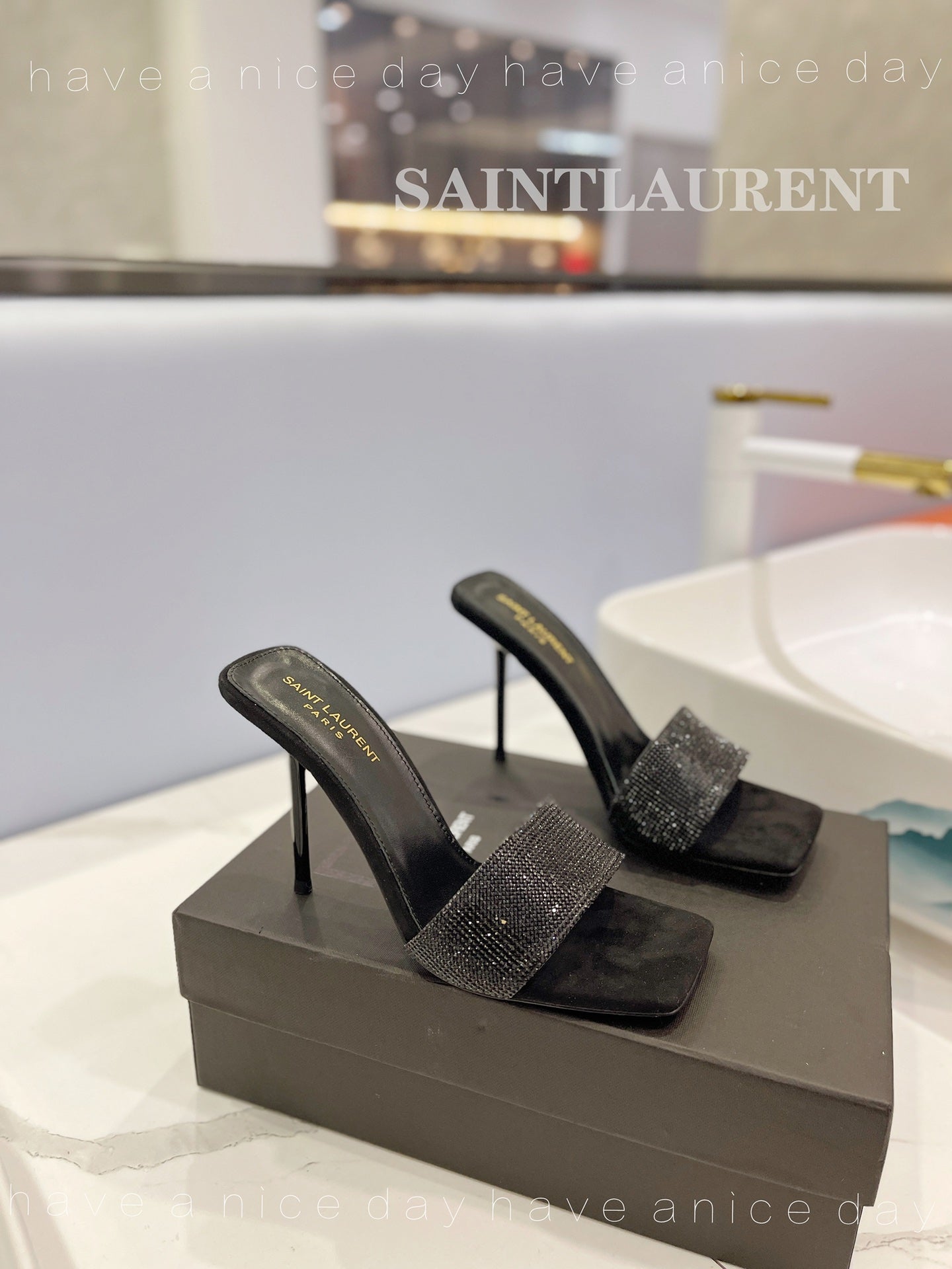 SL LUCKY BLACK CRYSTAL HIGH HEELS BLACK CALFSKIN - 34
