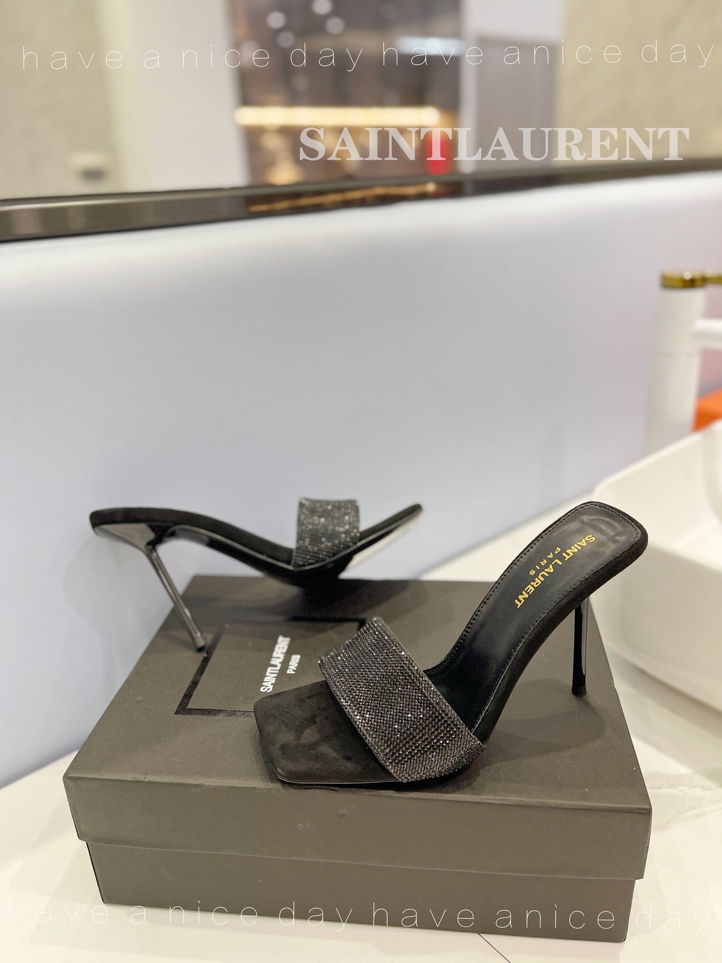SL LUCKY BLACK CRYSTAL HIGH HEELS BLACK CALFSKIN - 34