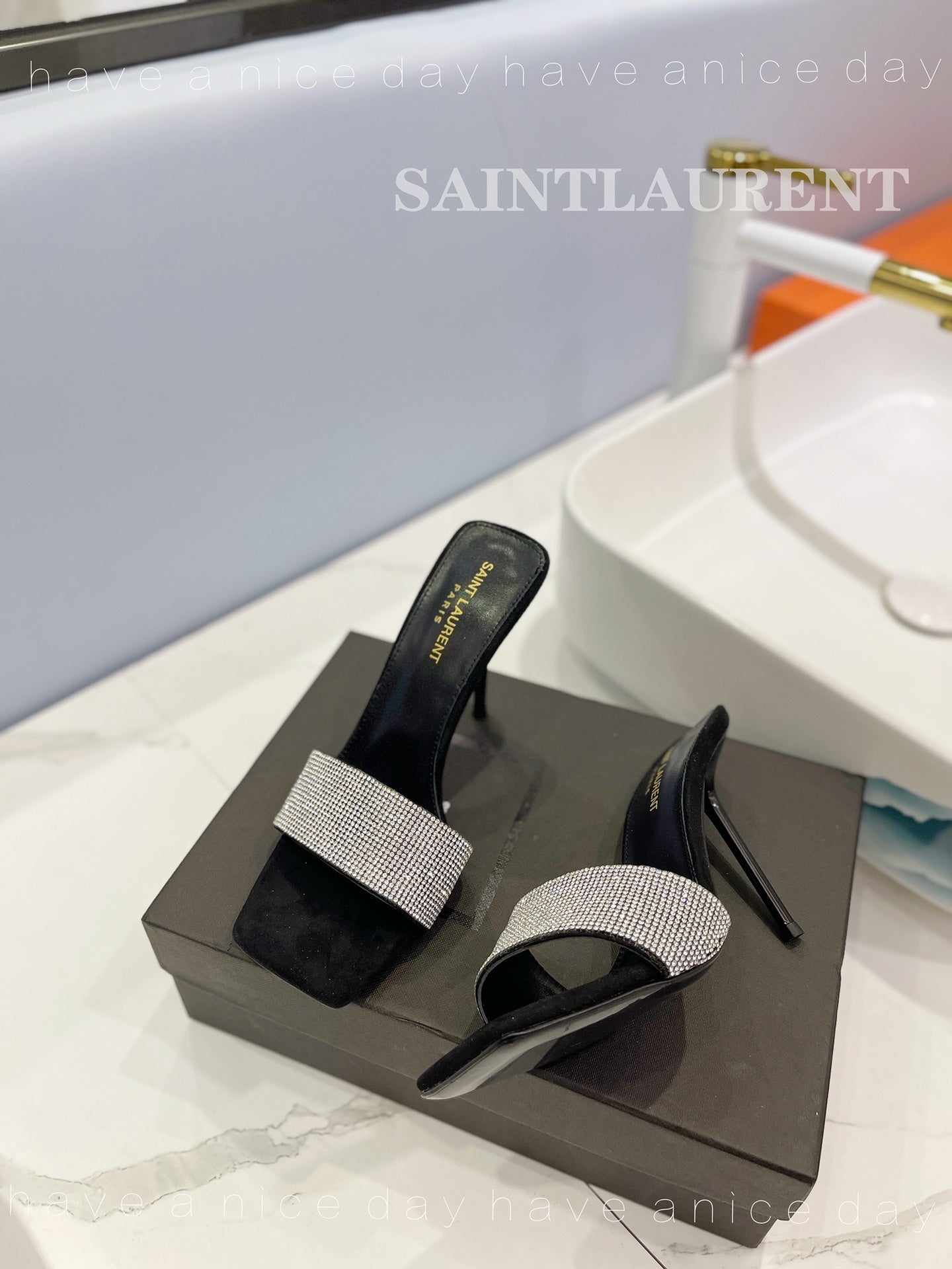 SL LUCKY WHITE CRYSTAL HIGH HEELS BLACK CALFSKIN - 34
