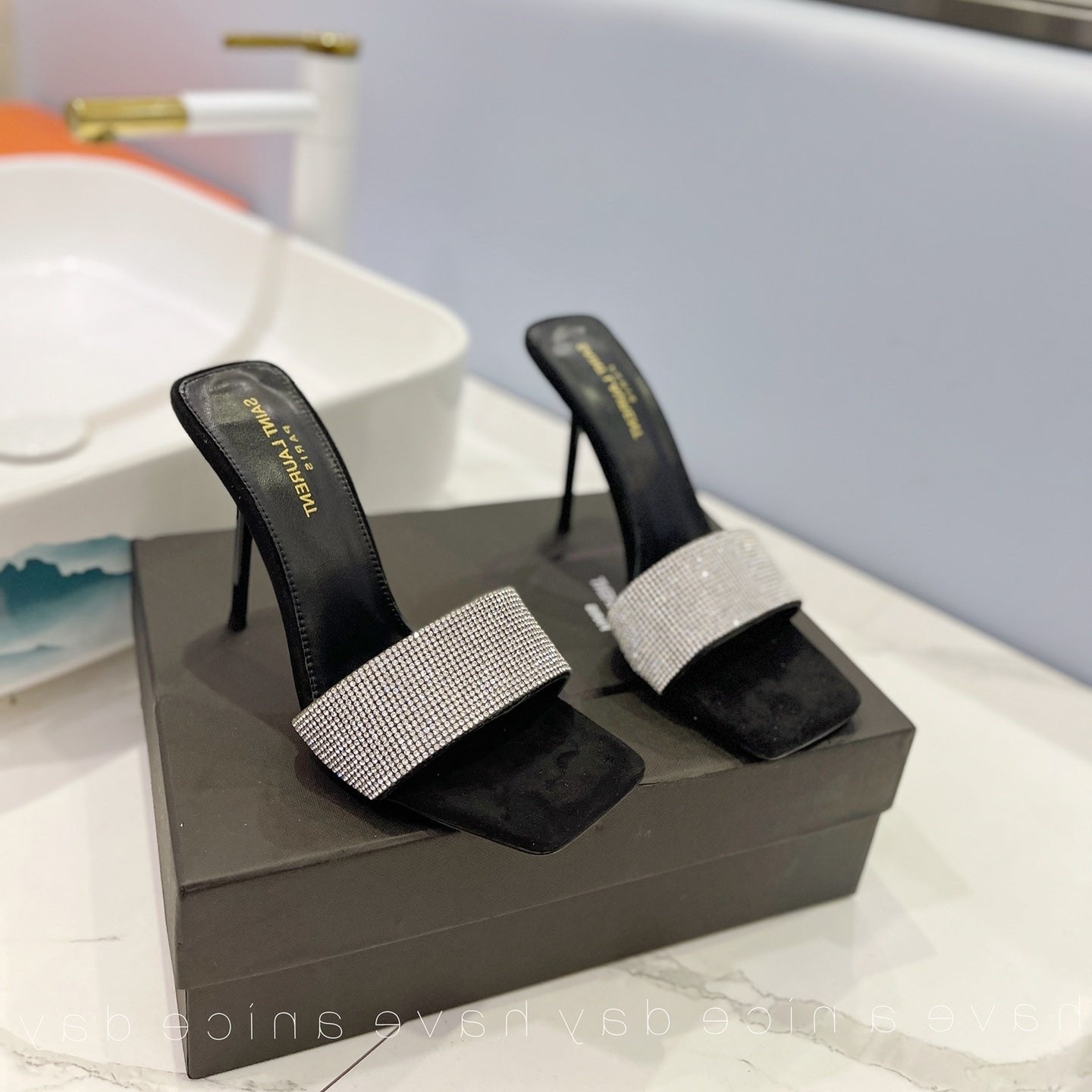 SL LUCKY WHITE CRYSTAL HIGH HEELS BLACK CALFSKIN - 34