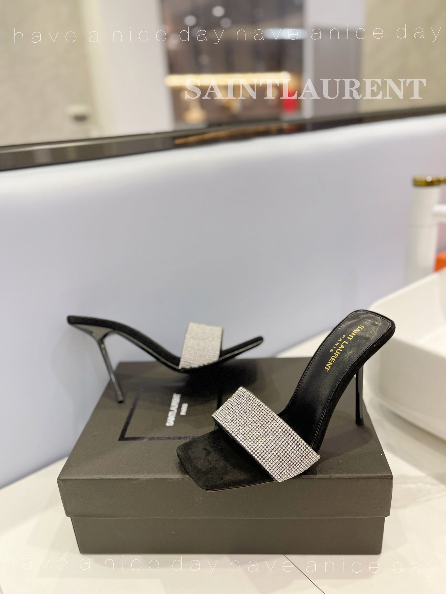 SL LUCKY WHITE CRYSTAL HIGH HEELS BLACK CALFSKIN - 34