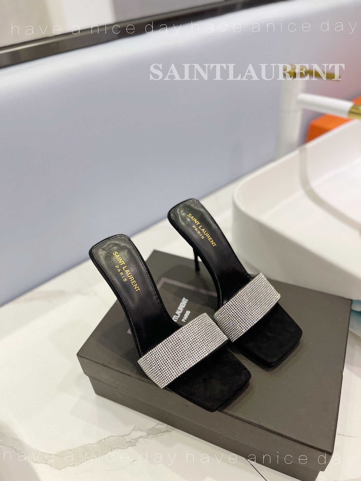 SL LUCKY WHITE CRYSTAL HIGH HEELS BLACK CALFSKIN - 34