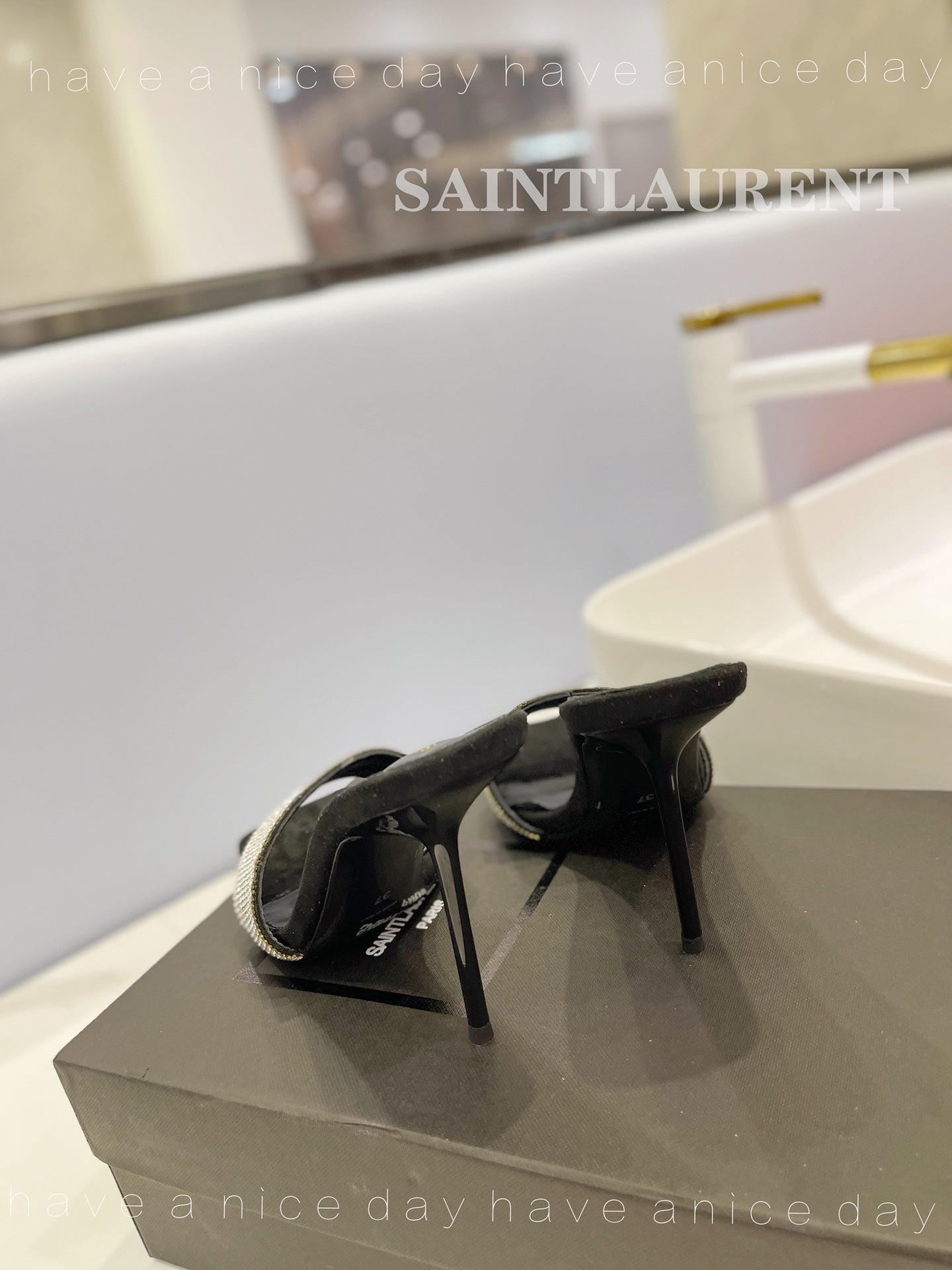 SL LUCKY WHITE CRYSTAL HIGH HEELS BLACK CALFSKIN - 34